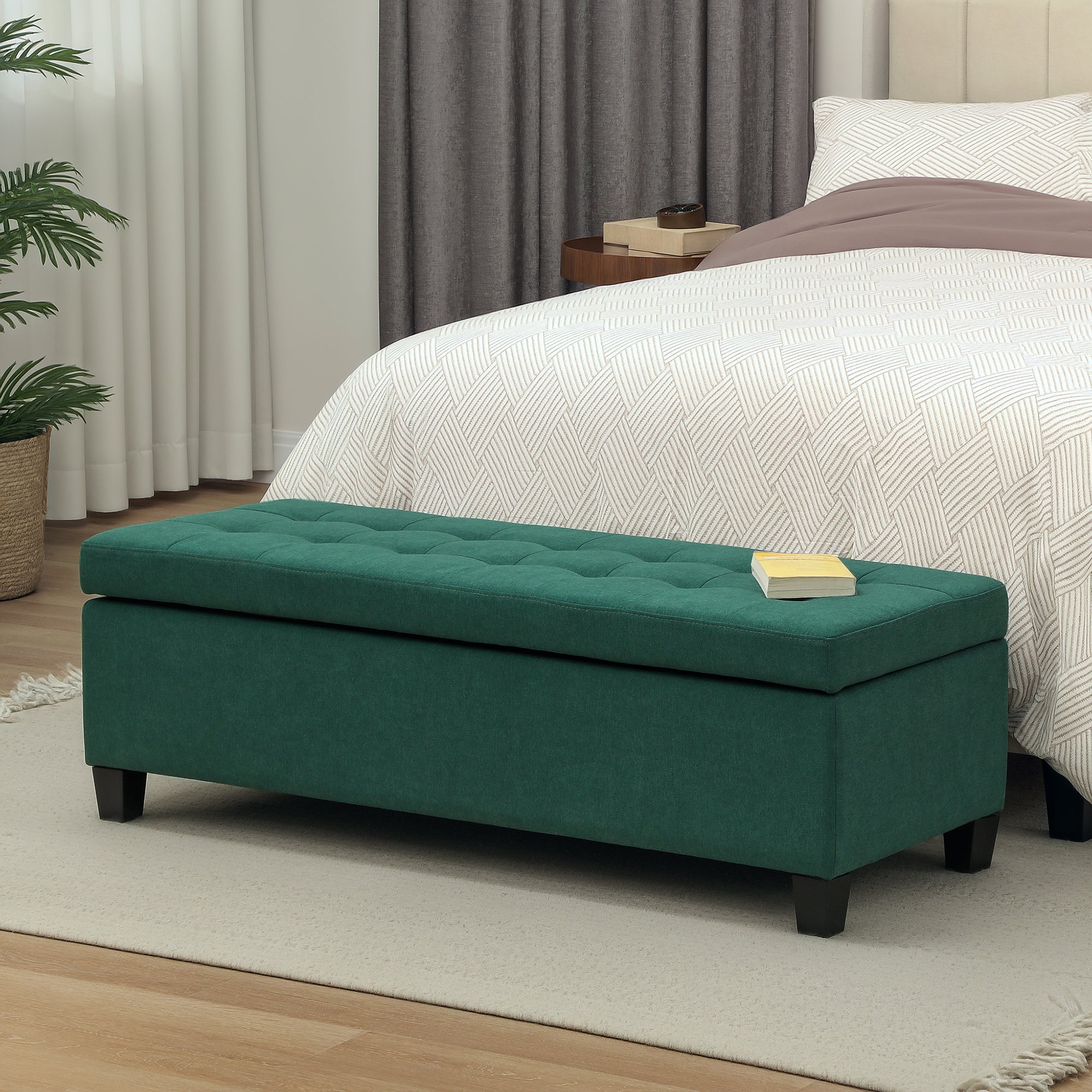HOMCOM Large 50" Rectangular Storage Ottoman Bench, Tufted Upholstered Linen Fabric Wood Feet Entry Bench, Contemporary Home Decor Dark Green