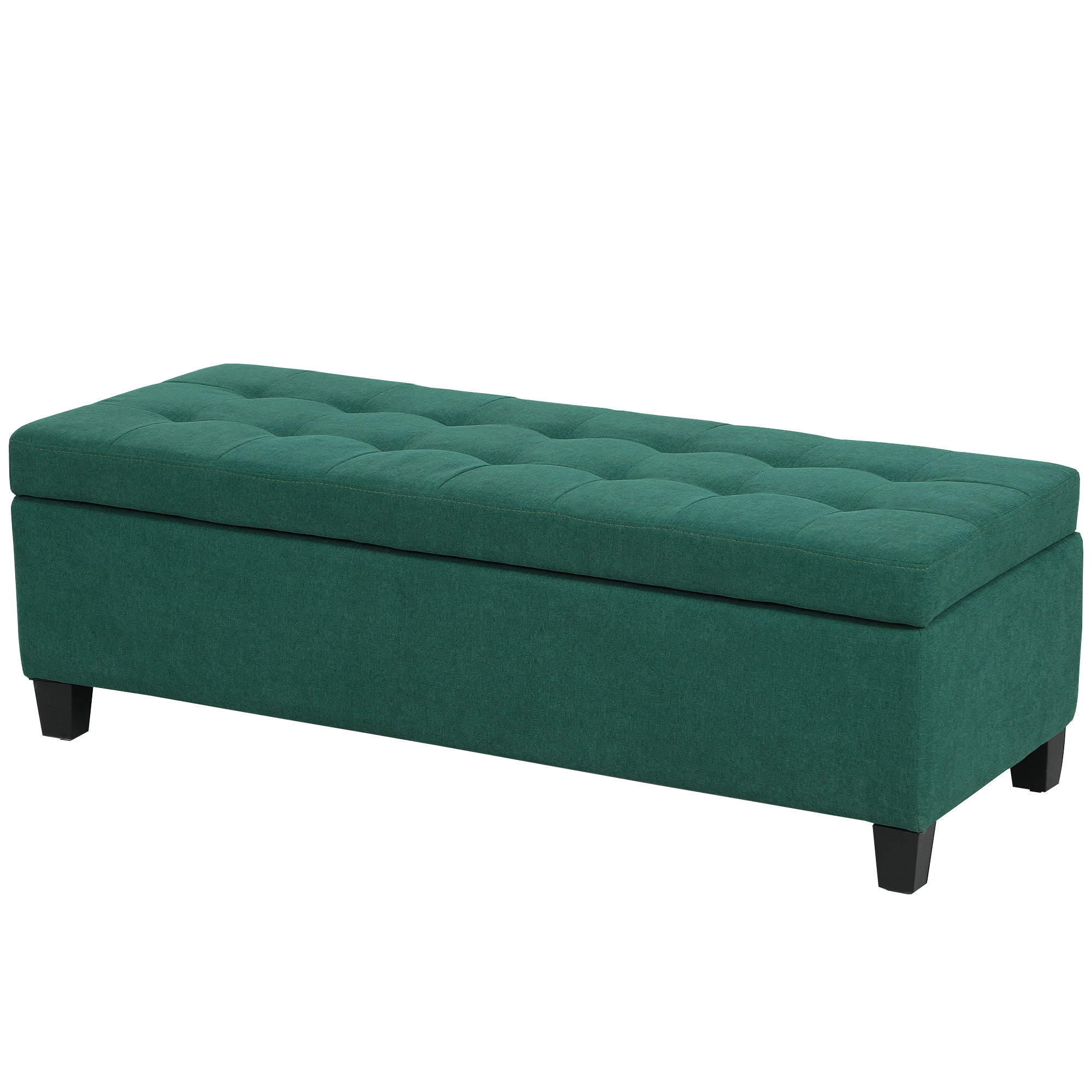 HOMCOM Large 50" Rectangular Storage Ottoman Bench, Tufted Upholstered Linen Fabric Wood Feet Entry Bench, Contemporary Home Decor Dark Green