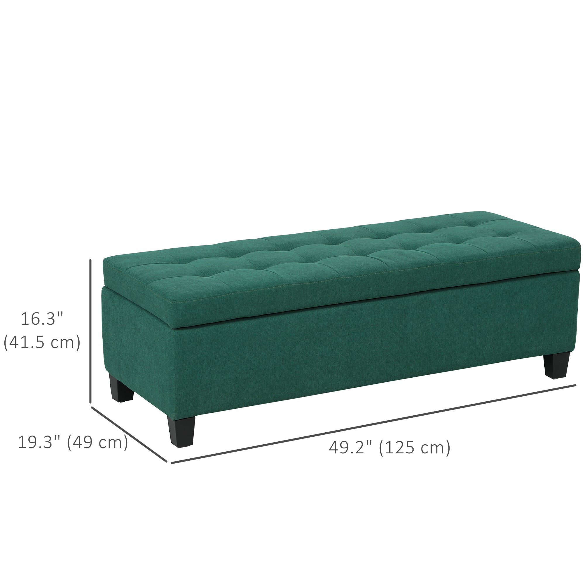 HOMCOM Large 50" Rectangular Storage Ottoman Bench, Tufted Upholstered Linen Fabric Wood Feet Entry Bench, Contemporary Home Decor Dark Green