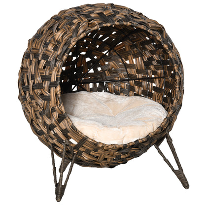 PawHut 20.5" Weaved Cat Bed, Elevated Hand-woven Braided Banana Leaf Kitten House Condo with Cushion, Brown