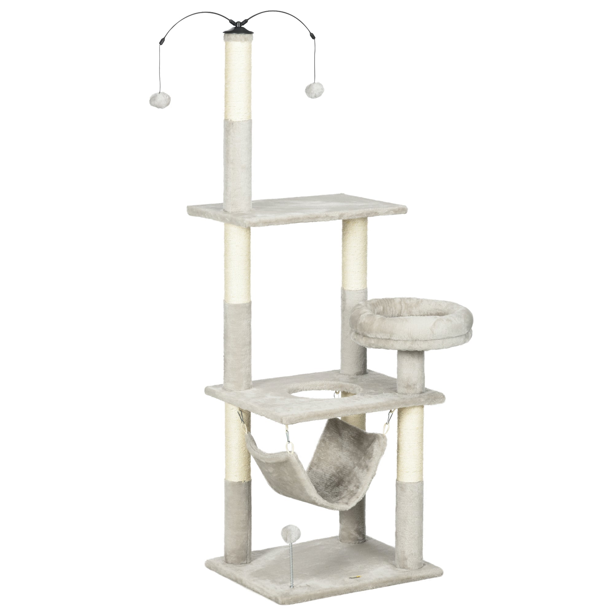 PawHut 57.5" Cat Tree for Indoor Cats with Scratching Posts, Cat Condo with Hammock, Bed, Toys, Grey