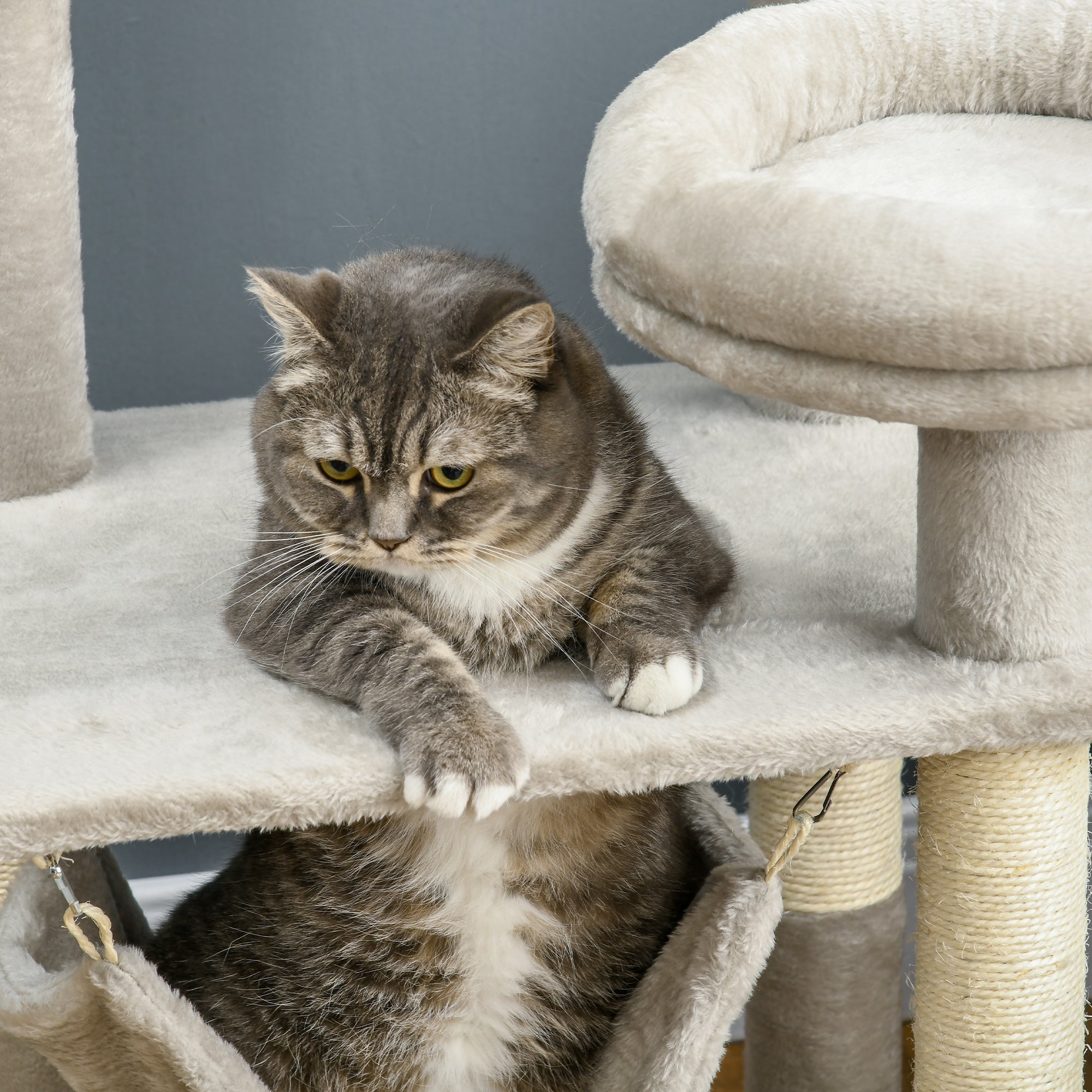 PawHut 57.5" Cat Tree for Indoor Cats with Scratching Posts, Cat Condo with Hammock, Bed, Toys, Grey