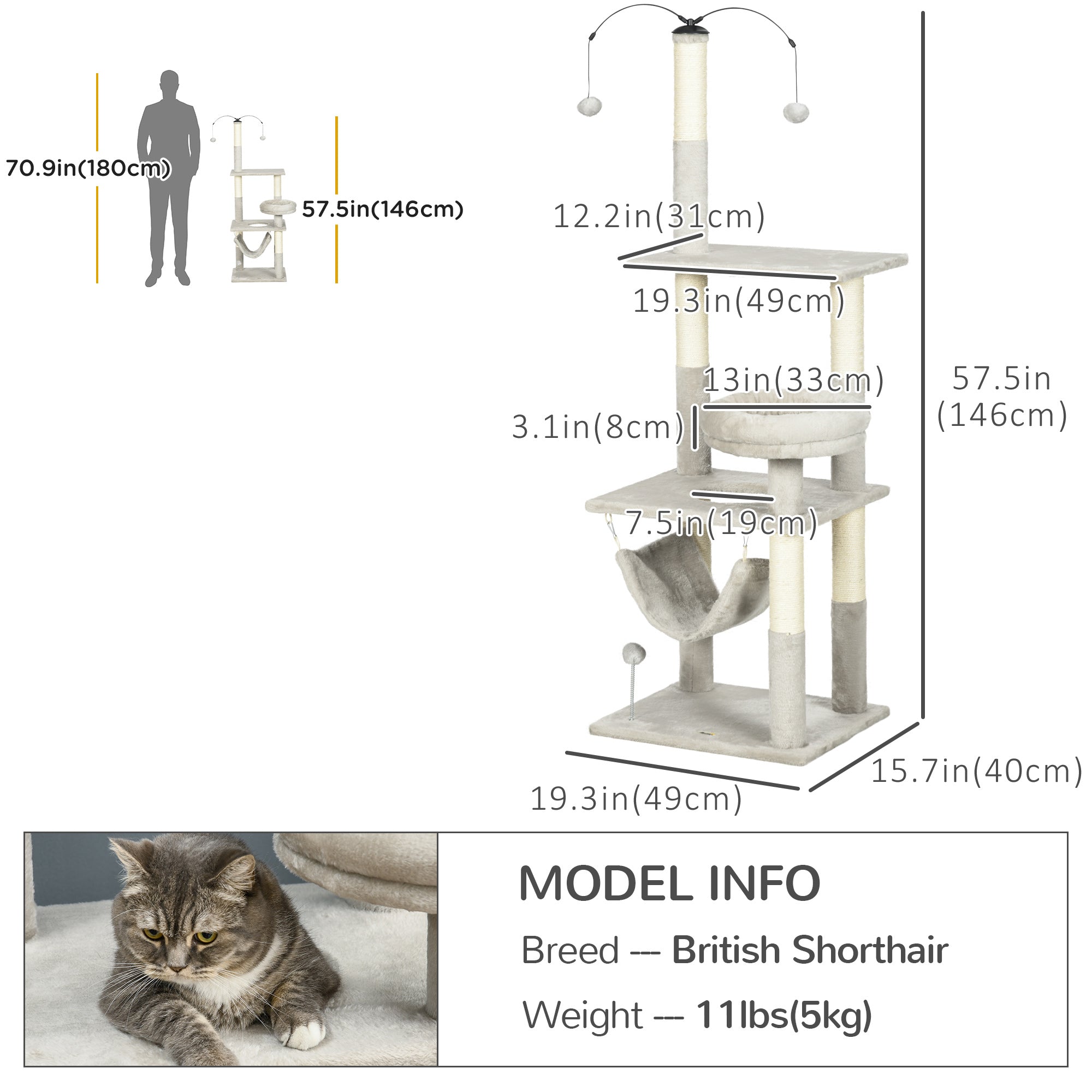 PawHut 57.5" Cat Tree for Indoor Cats with Scratching Posts, Cat Condo with Hammock, Bed, Toys, Grey