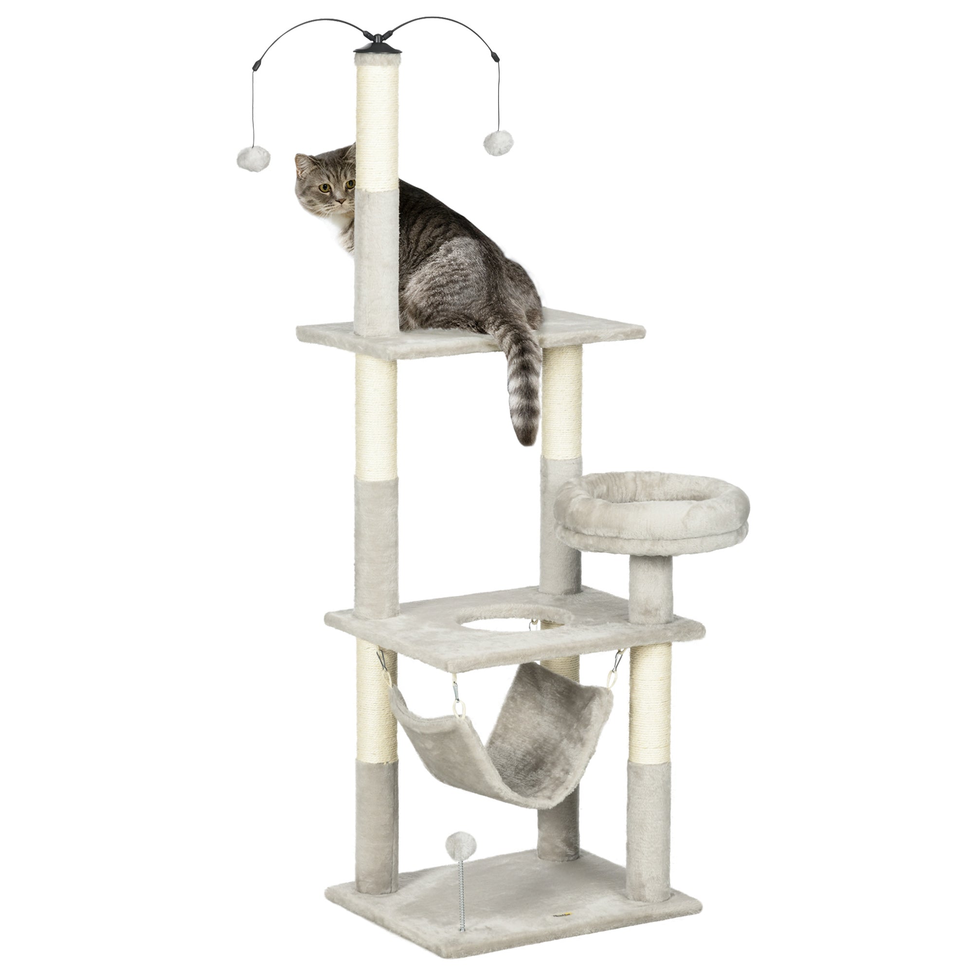 PawHut 57.5" Cat Tree for Indoor Cats with Scratching Posts, Cat Condo with Hammock, Bed, Toys, Grey