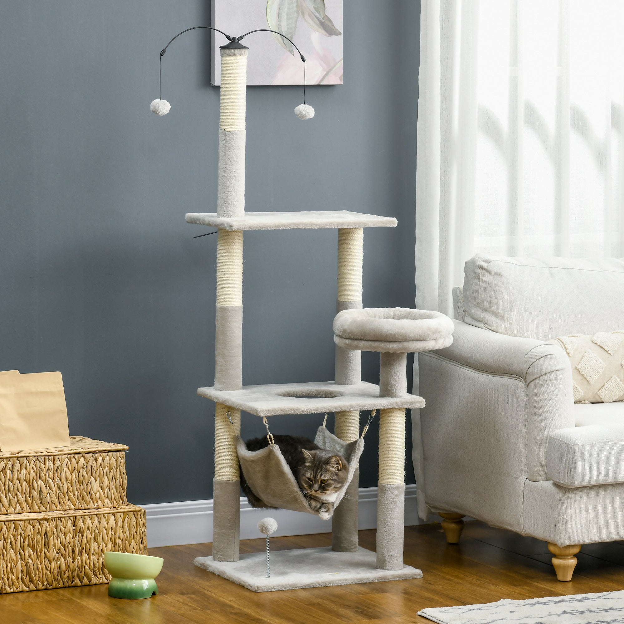 PawHut 57.5" Cat Tree for Indoor Cats with Scratching Posts, Cat Condo with Hammock, Bed, Toys, Grey