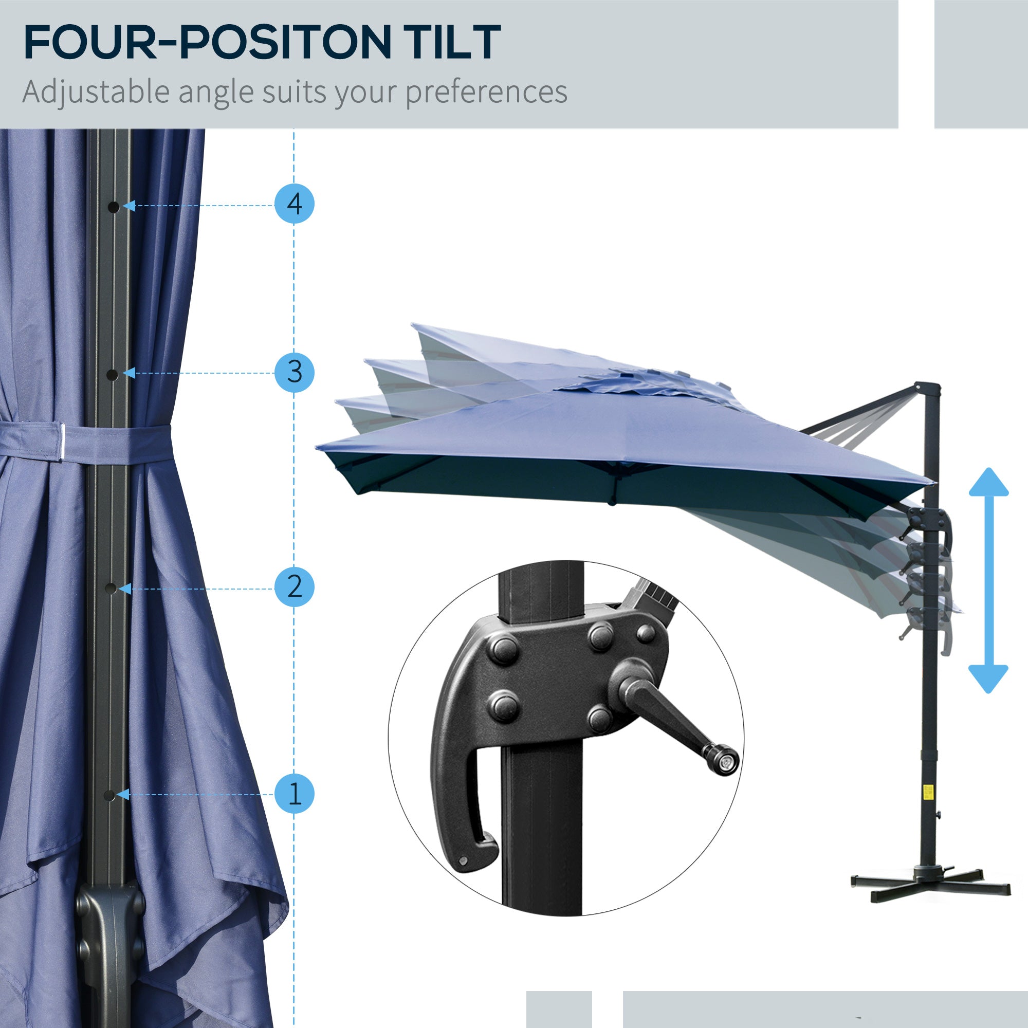 Outsunny 10x10ft Cantilever Umbrella with 4 Adjustable Angle and Rotation, Square Top Market Parasol with Aluminum Pole and Ribs for Backyard Patio Outdoor Area, Blue
