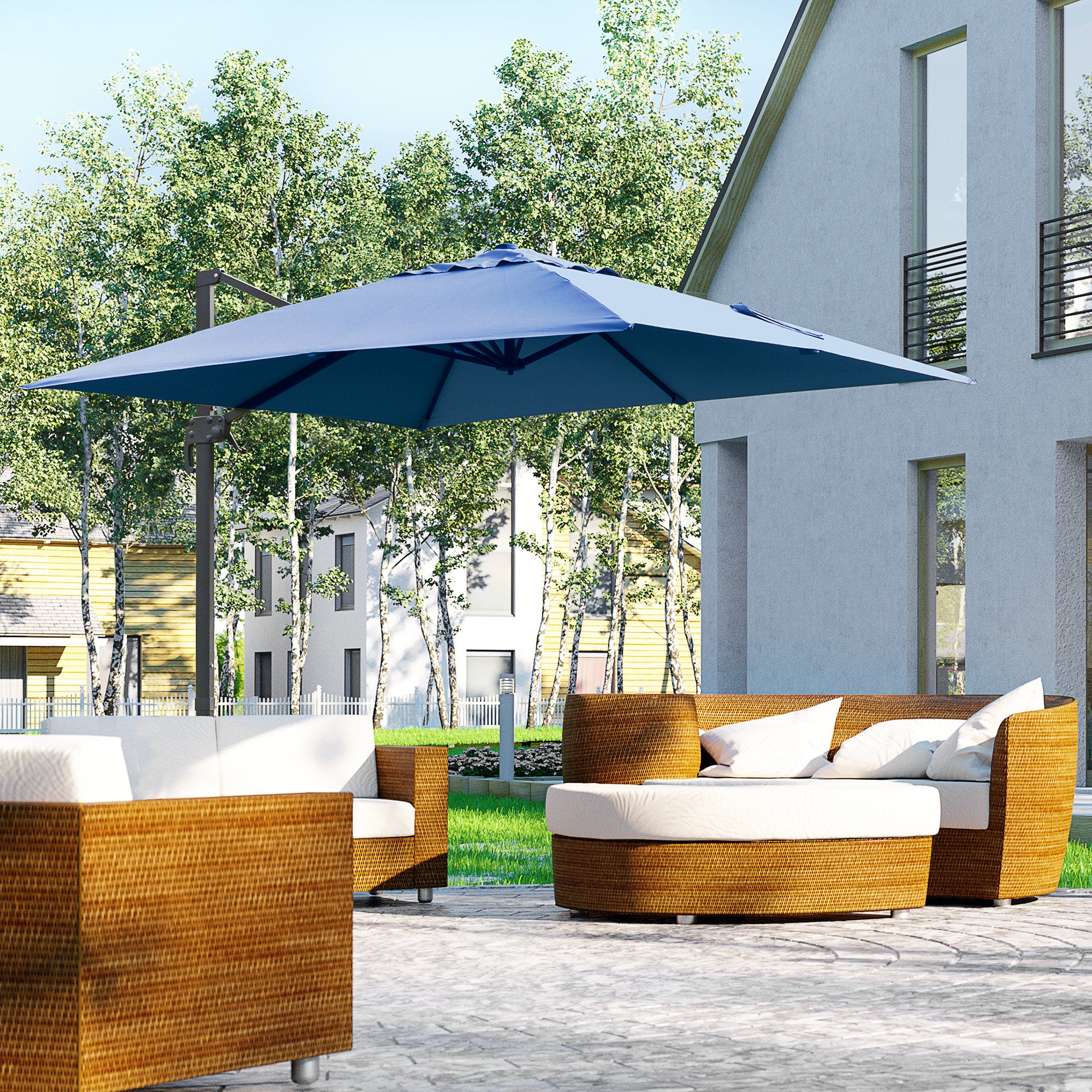 Outsunny 10x10ft Cantilever Umbrella with 4 Adjustable Angle and Rotation, Square Top Market Parasol with Aluminum Pole and Ribs for Backyard Patio Outdoor Area, Blue