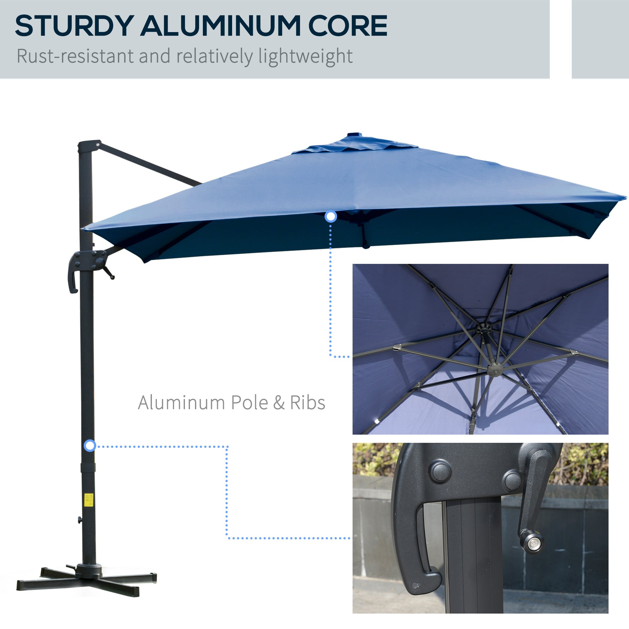 Outsunny 10x10ft Cantilever Umbrella with 4 Adjustable Angle and Rotation, Square Top Market Parasol with Aluminum Pole and Ribs for Backyard Patio Outdoor Area, Blue