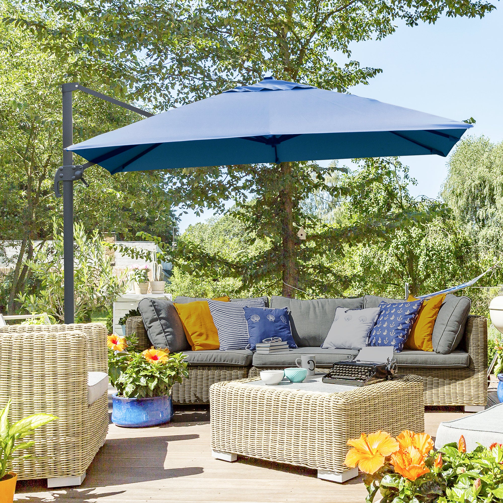 Outsunny 10x10ft Cantilever Umbrella with 4 Adjustable Angle and Rotation, Square Top Market Parasol with Aluminum Pole and Ribs for Backyard Patio Outdoor Area, Blue