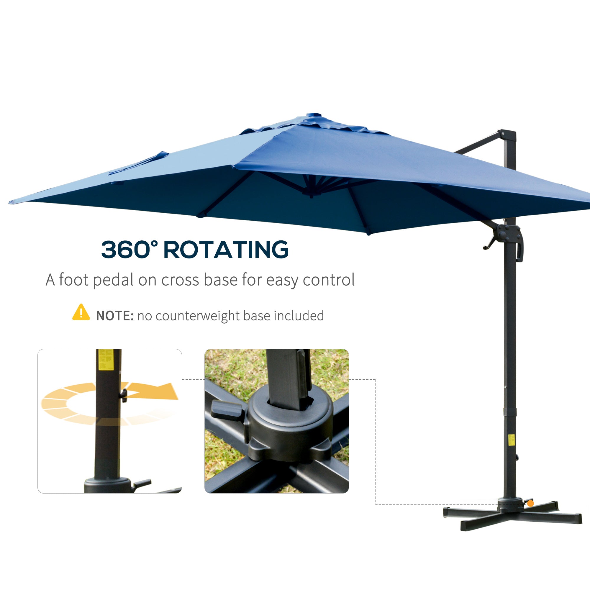 Outsunny 10x10ft Cantilever Umbrella with 4 Adjustable Angle and Rotation, Square Top Market Parasol with Aluminum Pole and Ribs for Backyard Patio Outdoor Area, Blue