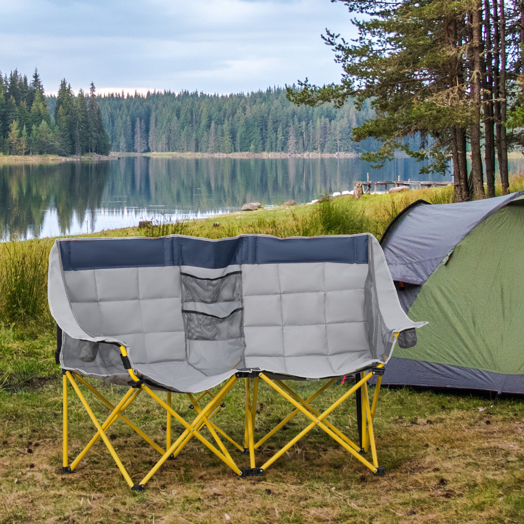 Outsunny 62" W Double Seat Camping Chair Folding Lawn Loveseat w/ Storage Pocket & Cup Holder Compact in a Bag for Outdoor, Beach, Picnic, Hiking, Travel, Navy Blue