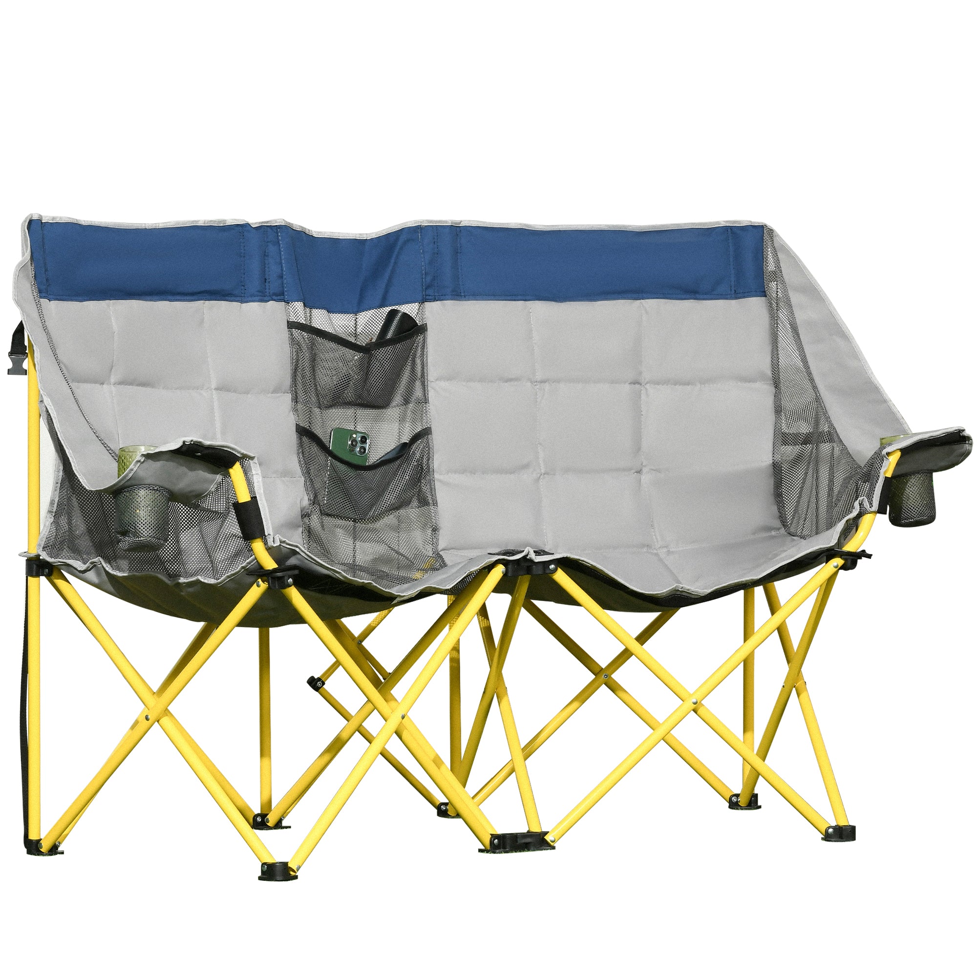 Outsunny 62" W Double Seat Camping Chair Folding Lawn Loveseat w/ Storage Pocket & Cup Holder Compact in a Bag for Outdoor, Beach, Picnic, Hiking, Travel, Navy Blue