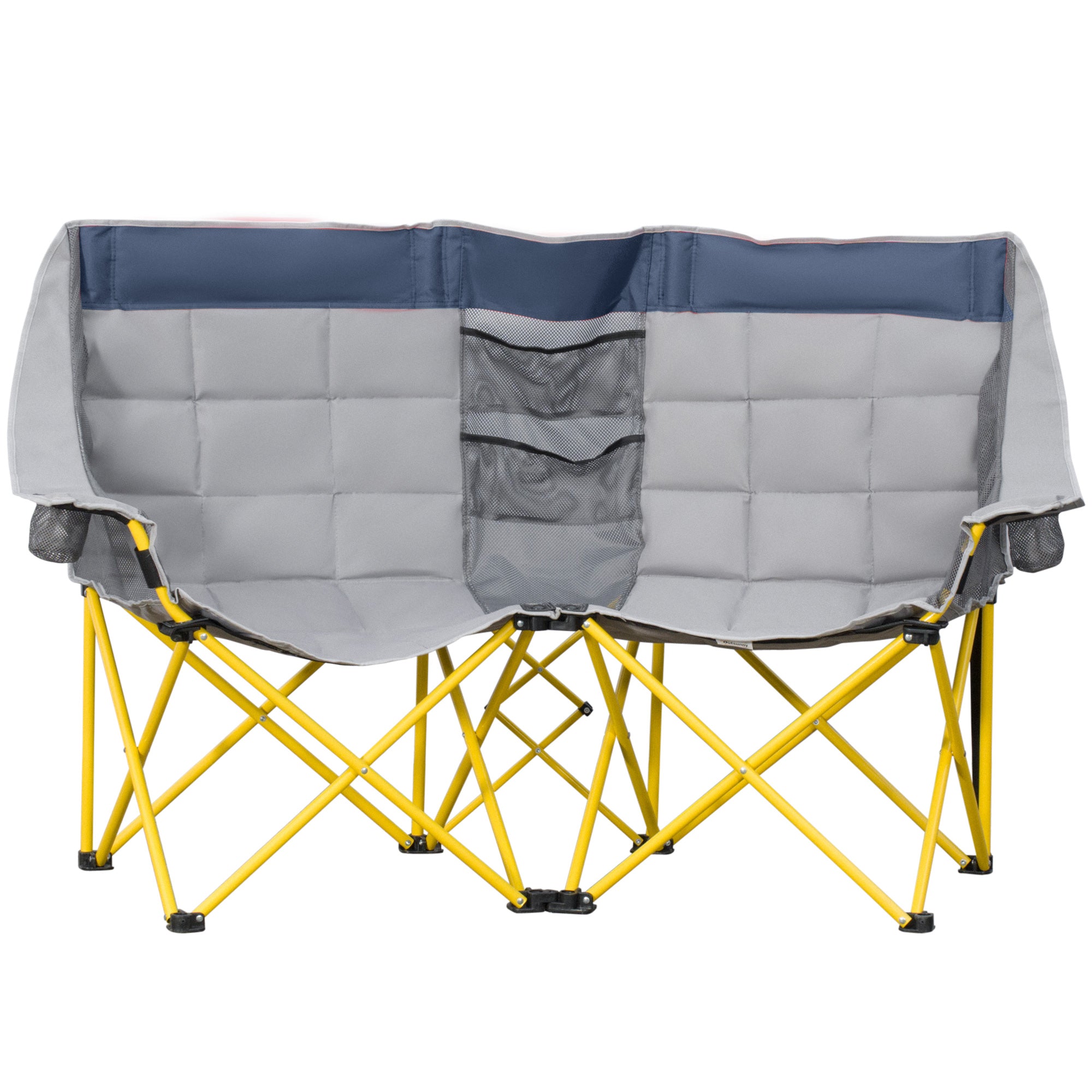 Outsunny 62" W Double Seat Camping Chair Folding Lawn Loveseat w/ Storage Pocket & Cup Holder Compact in a Bag for Outdoor, Beach, Picnic, Hiking, Travel, Navy Blue
