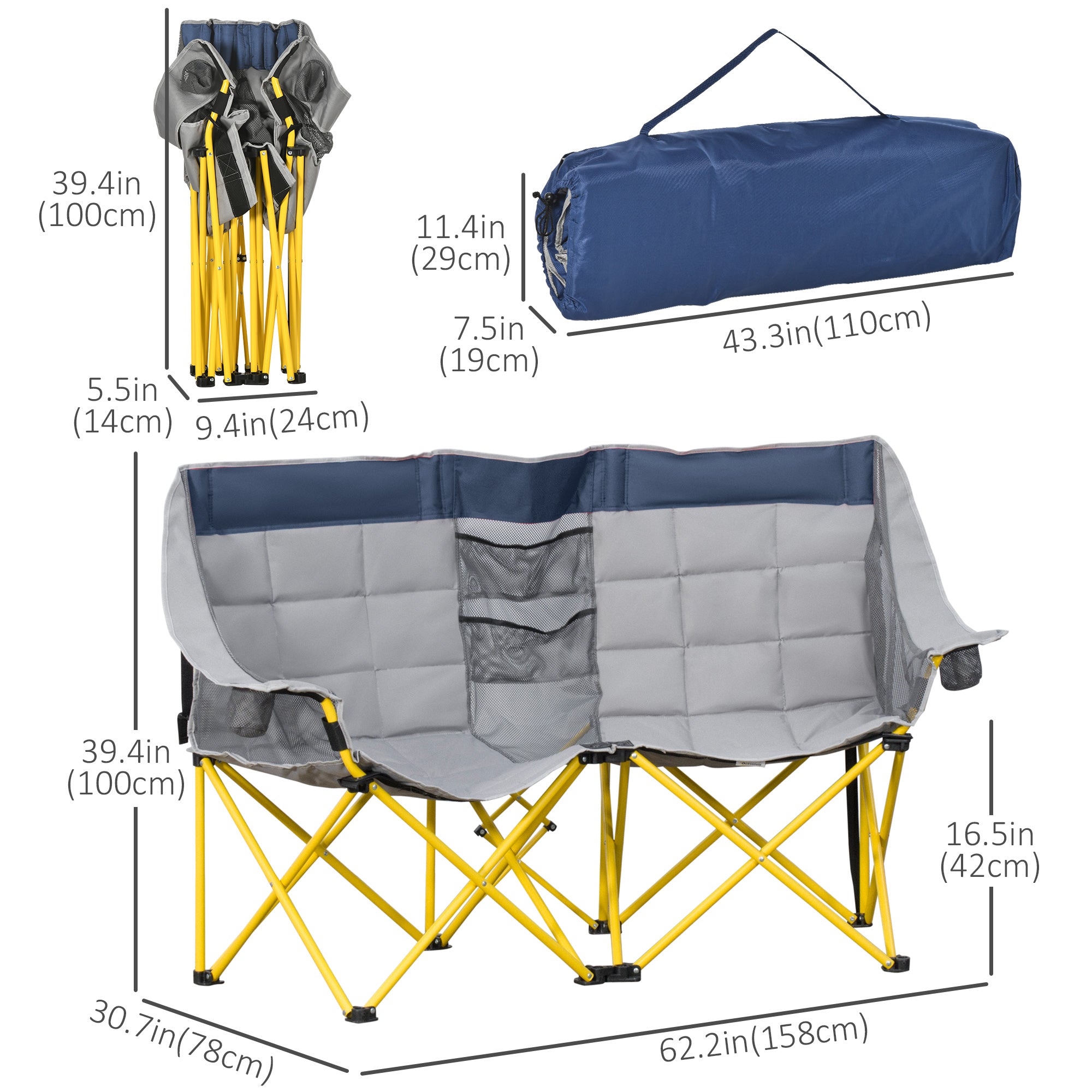 Outsunny 62" W Double Seat Camping Chair Folding Lawn Loveseat w/ Storage Pocket & Cup Holder Compact in a Bag for Outdoor, Beach, Picnic, Hiking, Travel, Navy Blue