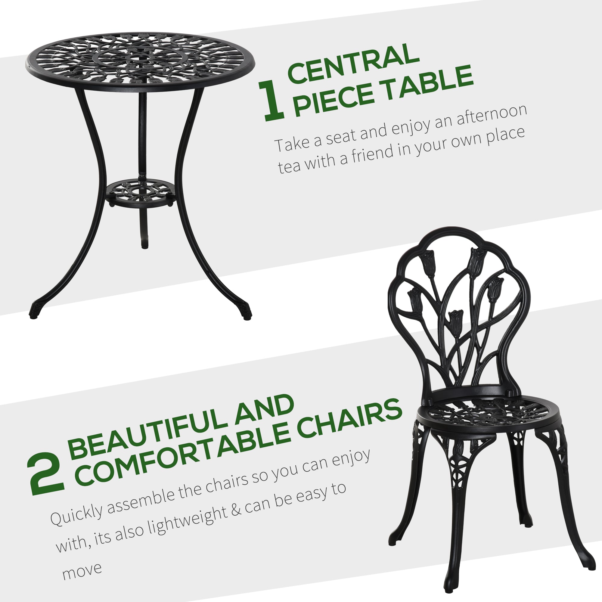 Outsunny 3 Pieces Patio Bistro Set, Outdoor Cast Aluminum Garden Table and Chairs with Umbrella Hole for Balcony, Black