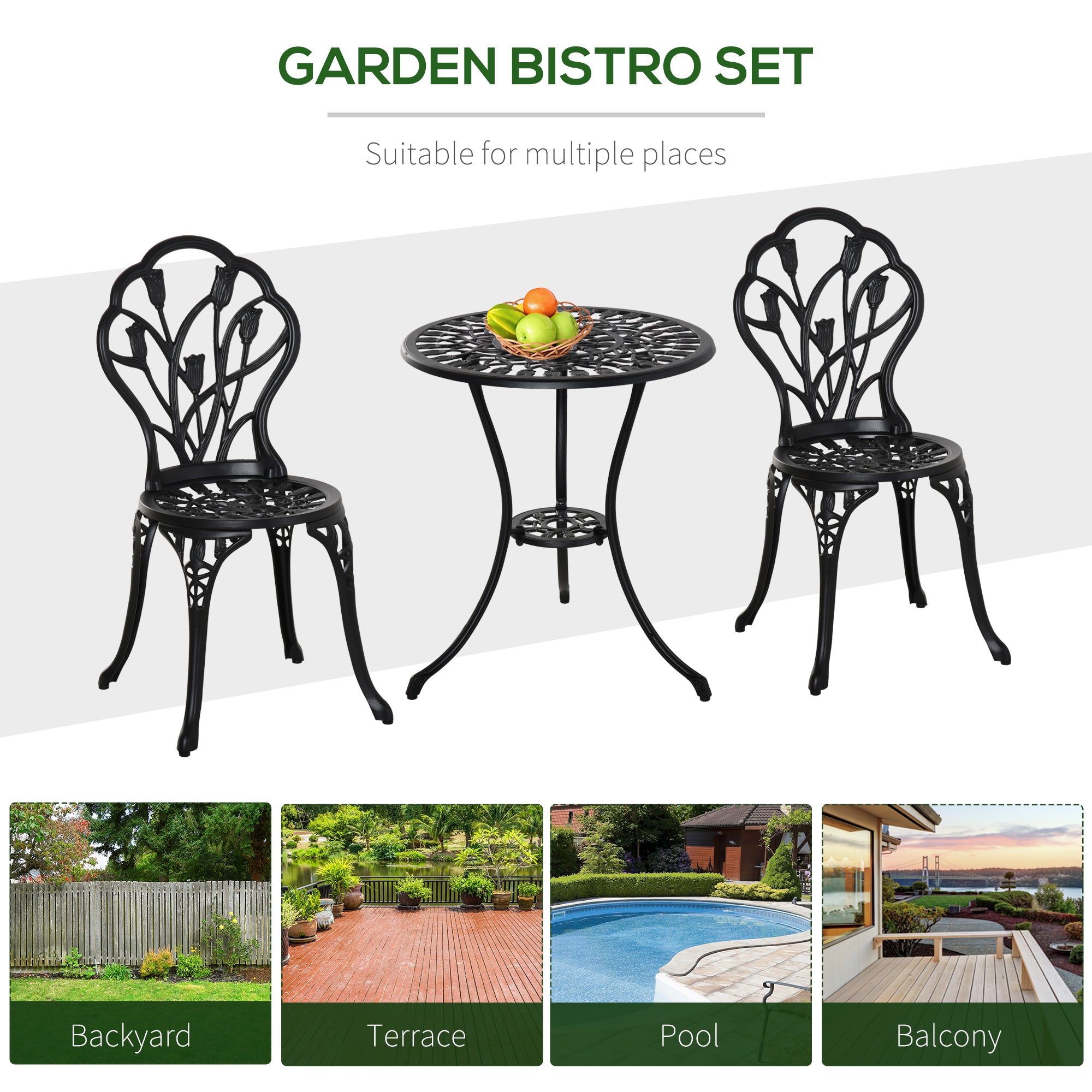 Outsunny 3 Pieces Patio Bistro Set, Outdoor Cast Aluminum Garden Table and Chairs with Umbrella Hole for Balcony, Black