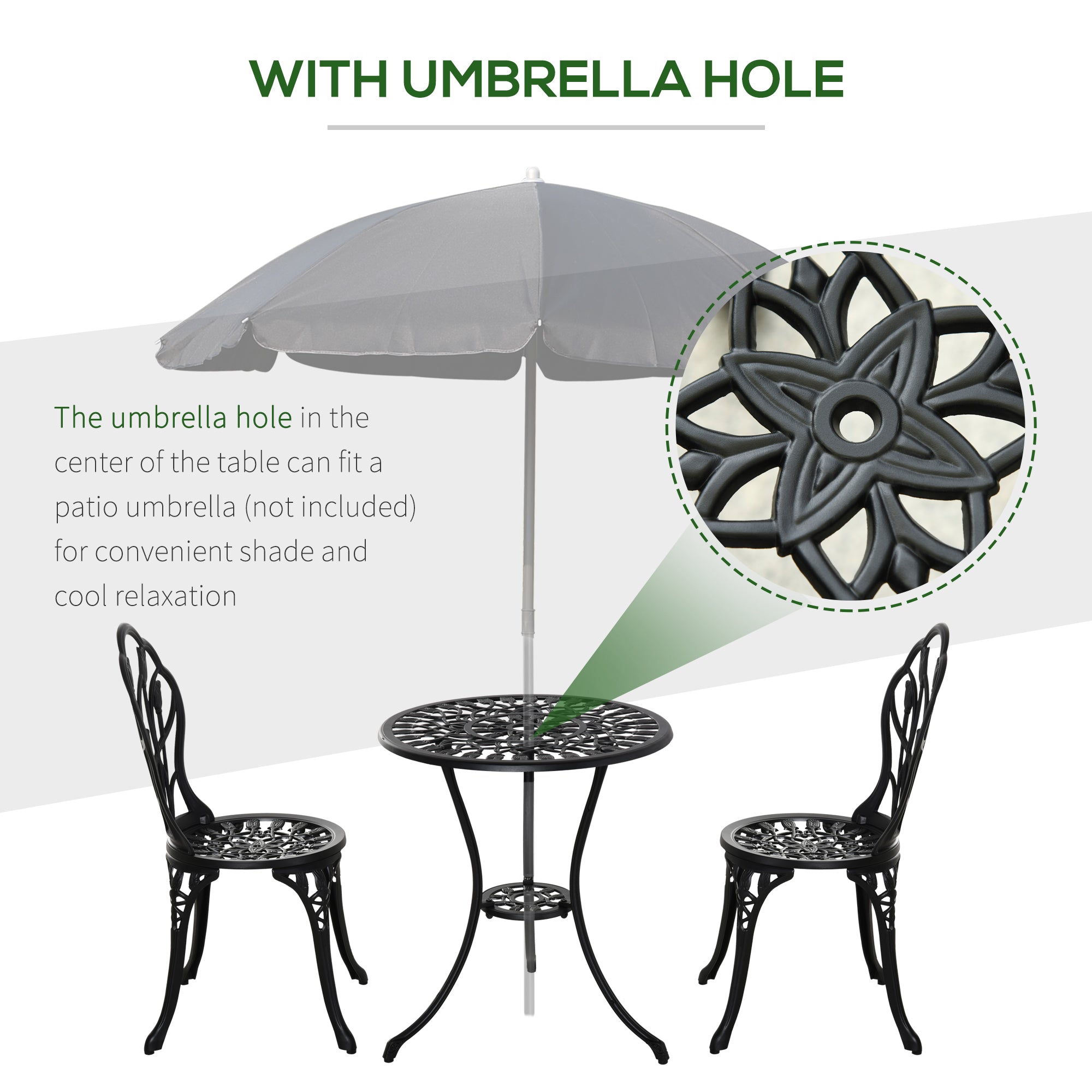 Outsunny 3 Pieces Patio Bistro Set, Outdoor Cast Aluminum Garden Table and Chairs with Umbrella Hole for Balcony, Black