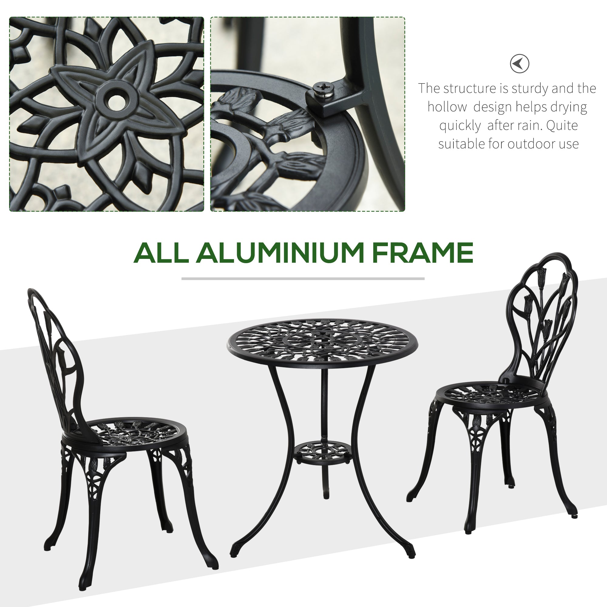 Outsunny 3 Pieces Patio Bistro Set, Outdoor Cast Aluminum Garden Table and Chairs with Umbrella Hole for Balcony, Black