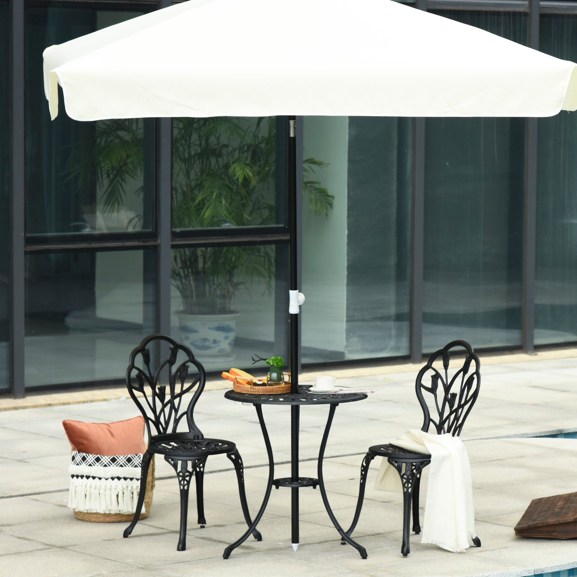 Outsunny 3 Pieces Patio Bistro Set, Outdoor Cast Aluminum Garden Table and Chairs with Umbrella Hole for Balcony, Black