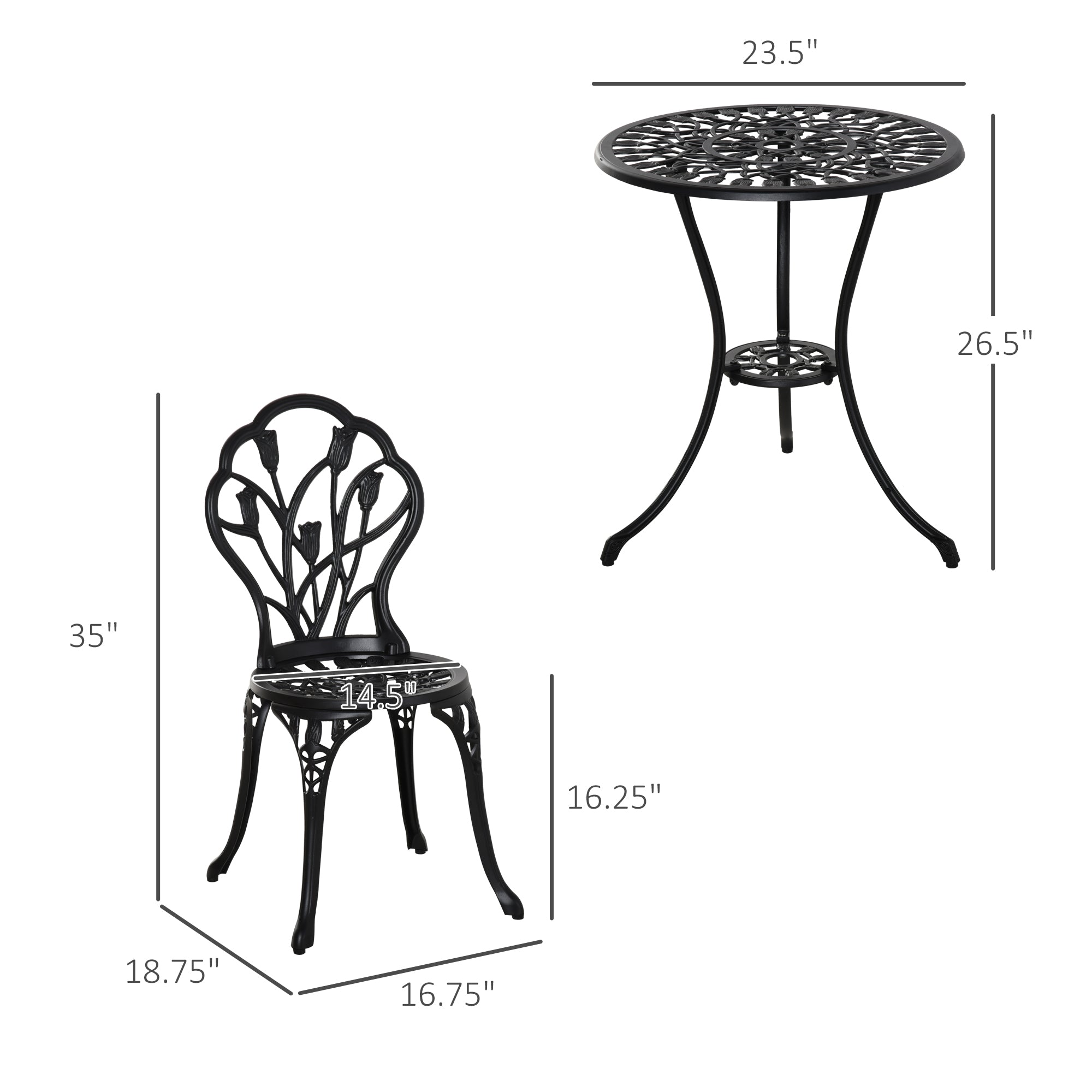Outsunny 3 Pieces Patio Bistro Set, Outdoor Cast Aluminum Garden Table and Chairs with Umbrella Hole for Balcony, Black