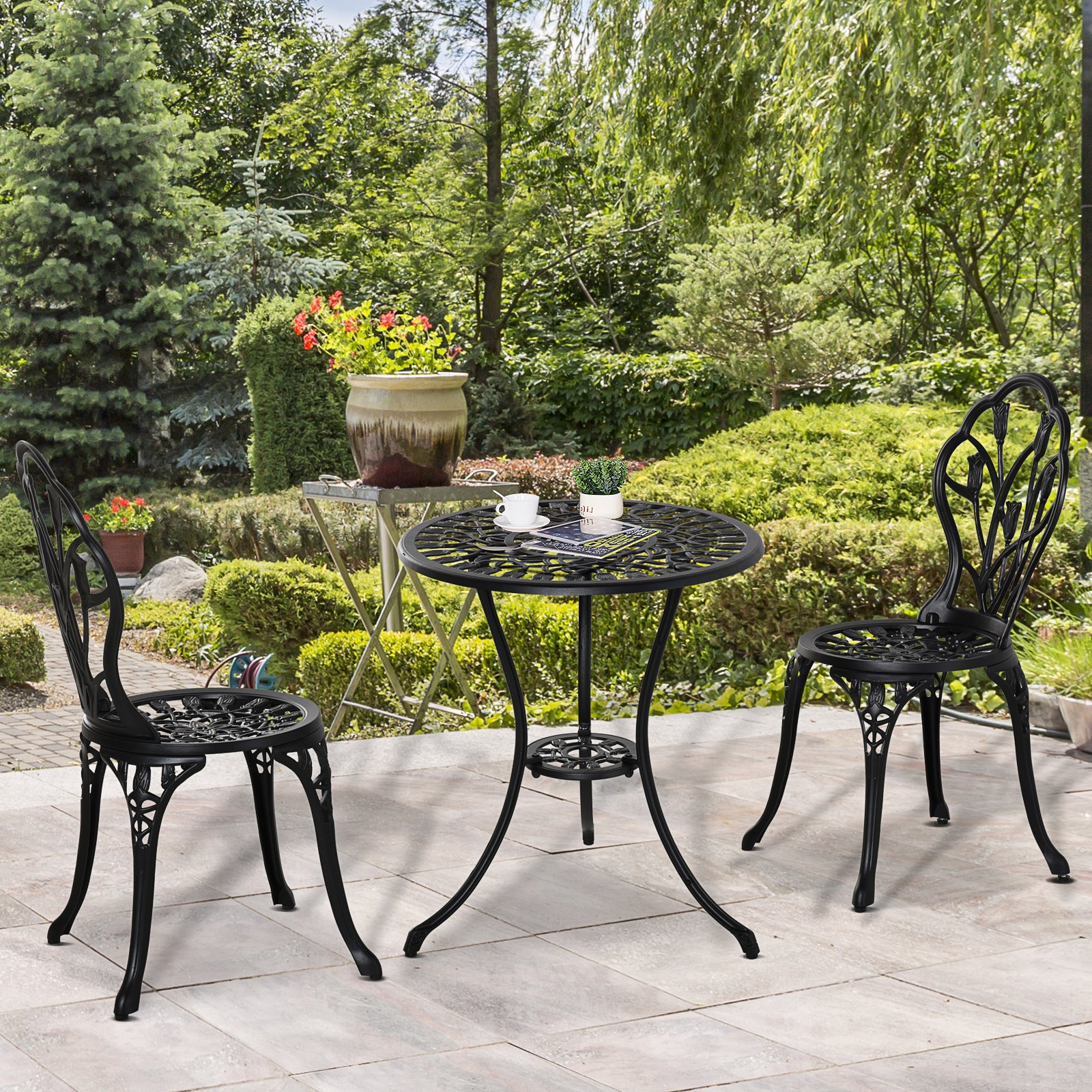 Outsunny 3 Pieces Patio Bistro Set, Outdoor Cast Aluminum Garden Table and Chairs with Umbrella Hole for Balcony, Black