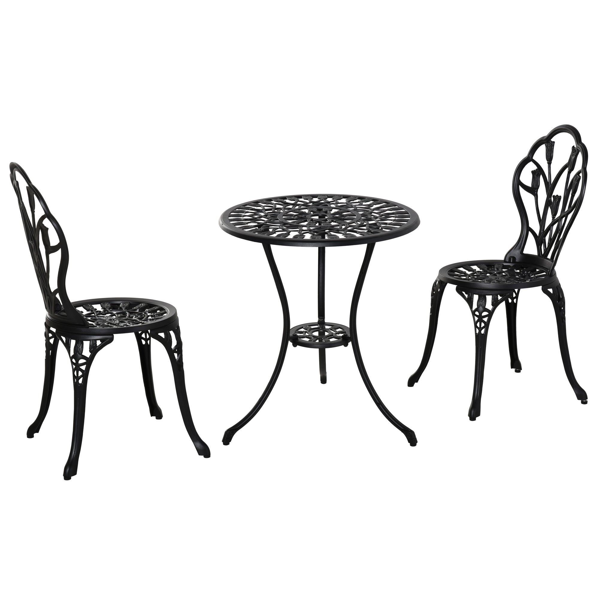 Outsunny 3 Pieces Patio Bistro Set, Outdoor Cast Aluminum Garden Table and Chairs with Umbrella Hole for Balcony, Black