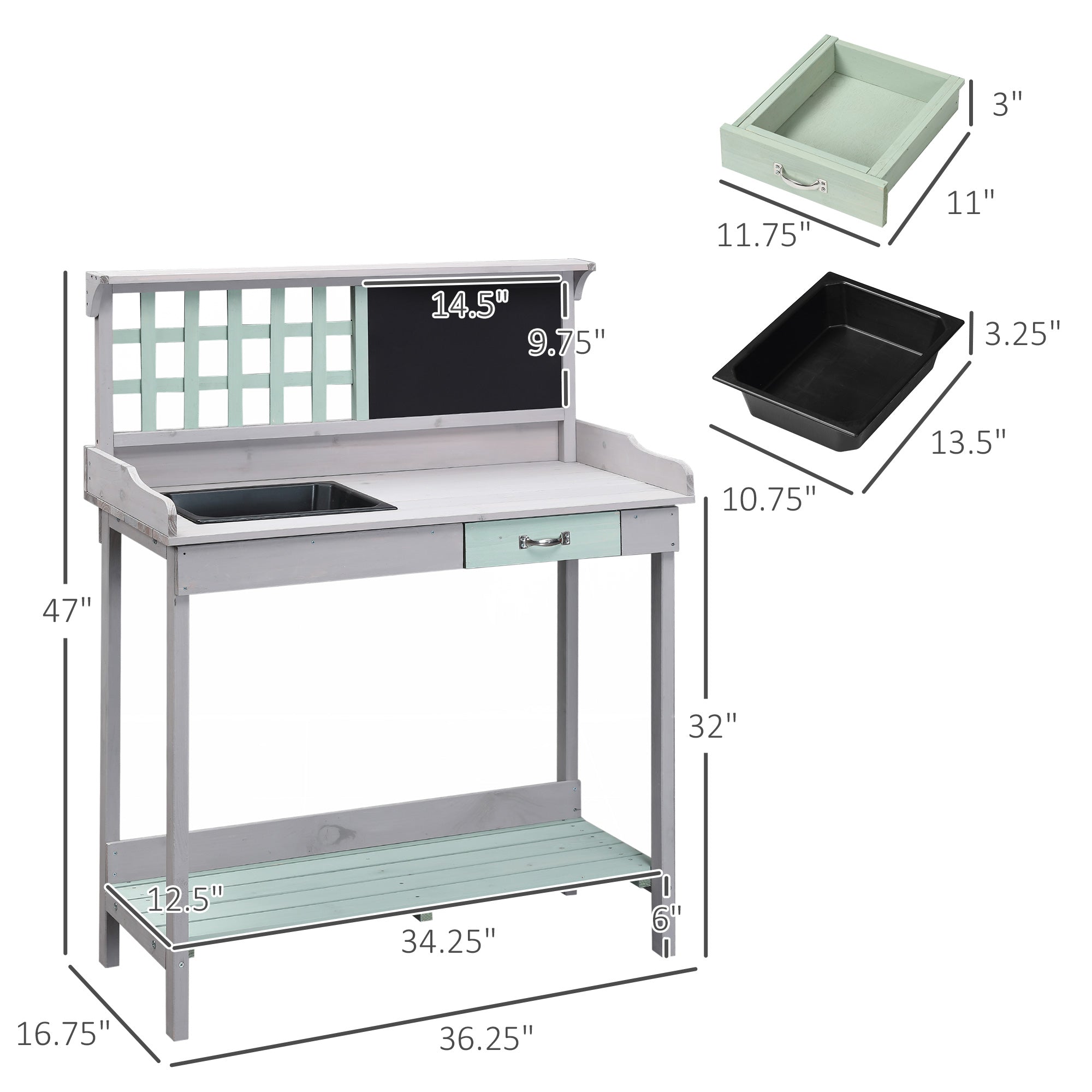 HOMCOM 36" Wooden Potting Table with Drawer, Storage Shelf, Blackboard, Sink, Outdoor Planting Workstation Bench Garage Tool Table, Grey