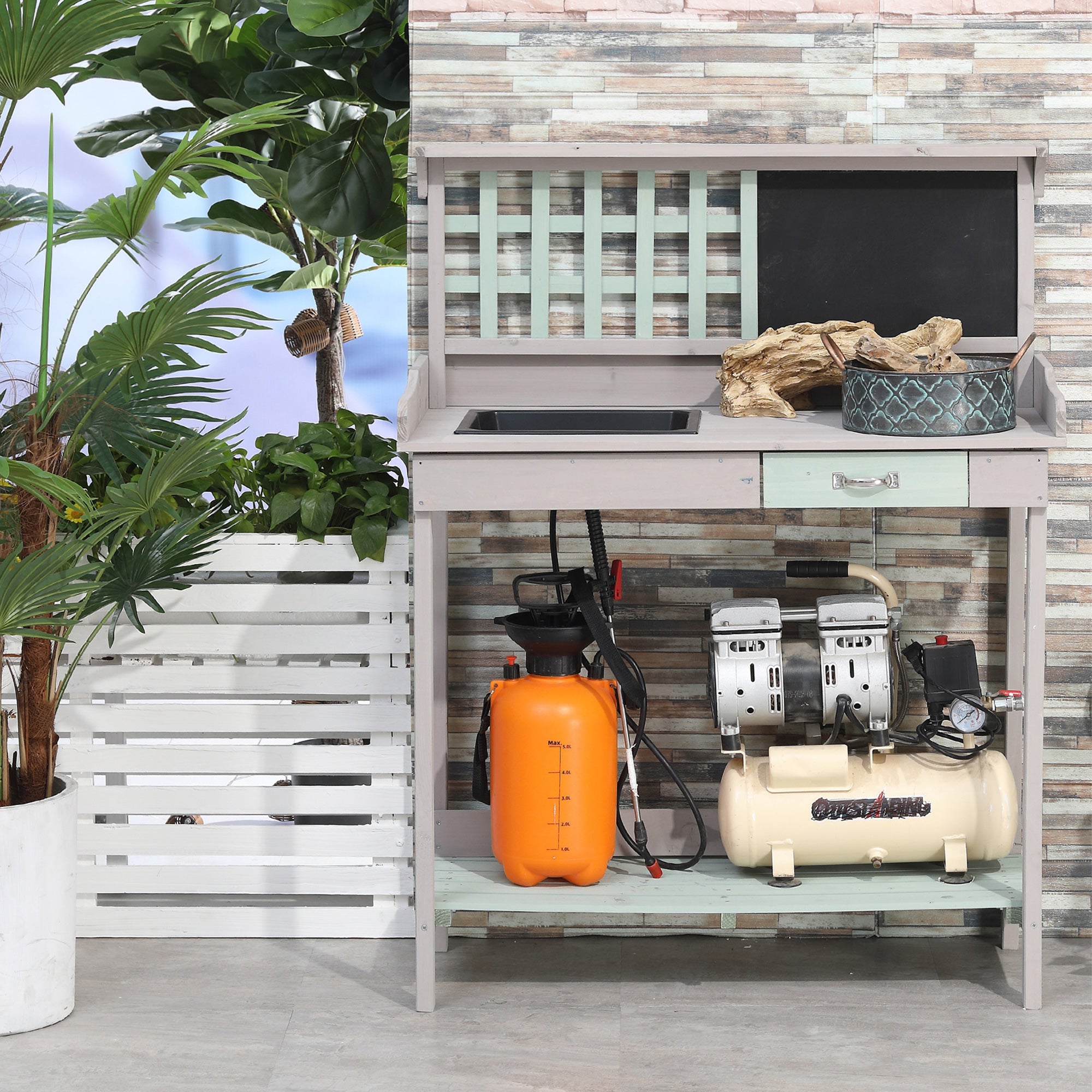 HOMCOM 36" Wooden Potting Table with Drawer, Storage Shelf, Blackboard, Sink, Outdoor Planting Workstation Bench Garage Tool Table, Grey