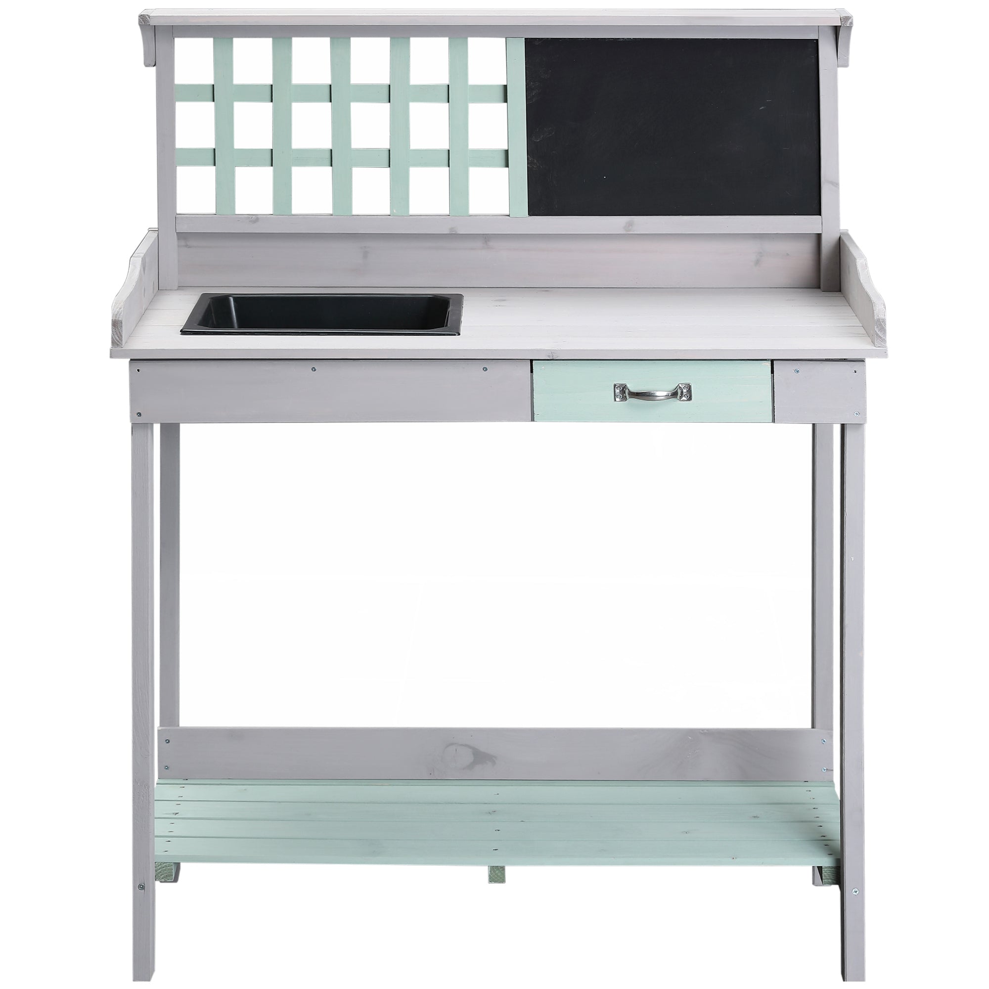HOMCOM 36" Wooden Potting Table with Drawer, Storage Shelf, Blackboard, Sink, Outdoor Planting Workstation Bench Garage Tool Table, Grey