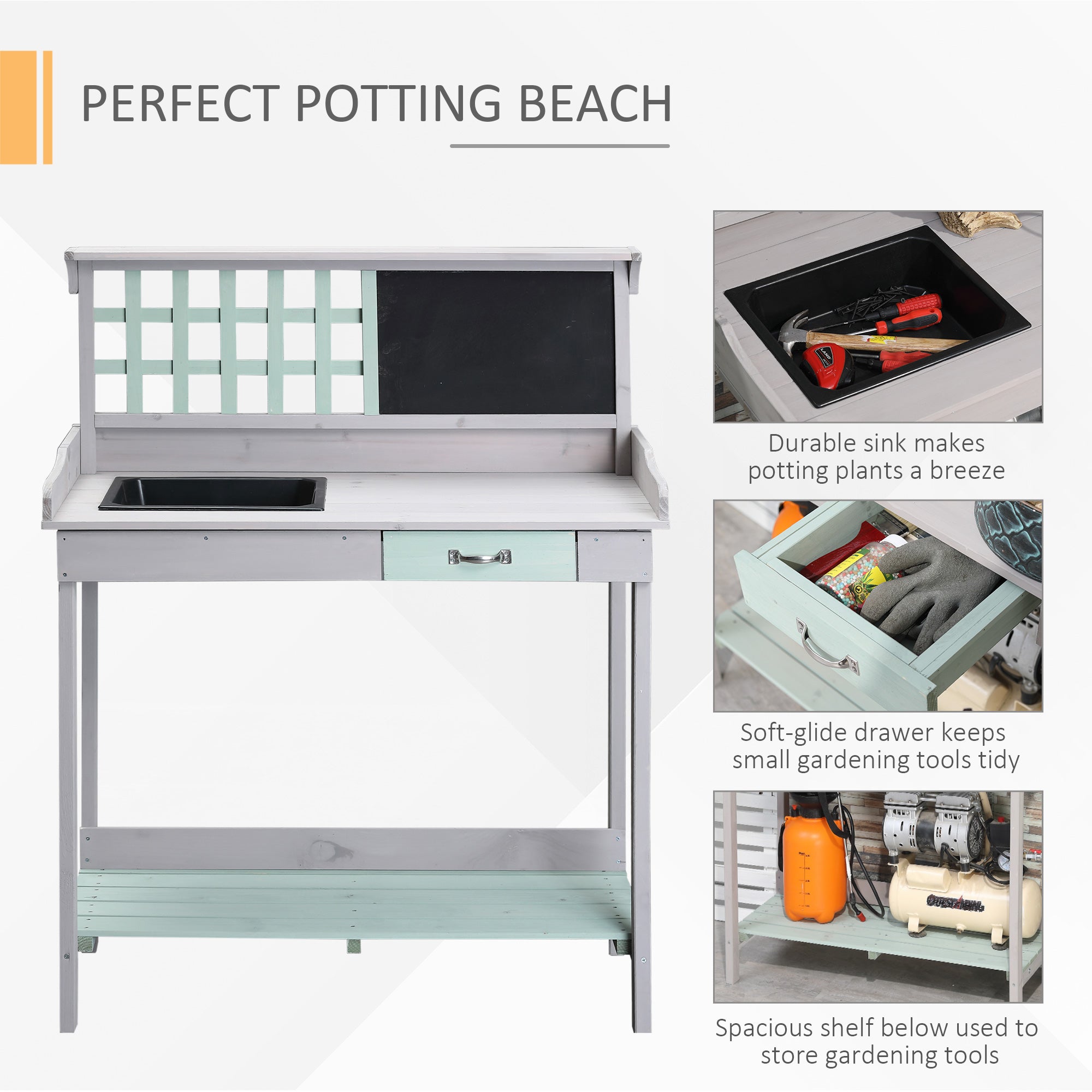 HOMCOM 36" Wooden Potting Table with Drawer, Storage Shelf, Blackboard, Sink, Outdoor Planting Workstation Bench Garage Tool Table, Grey