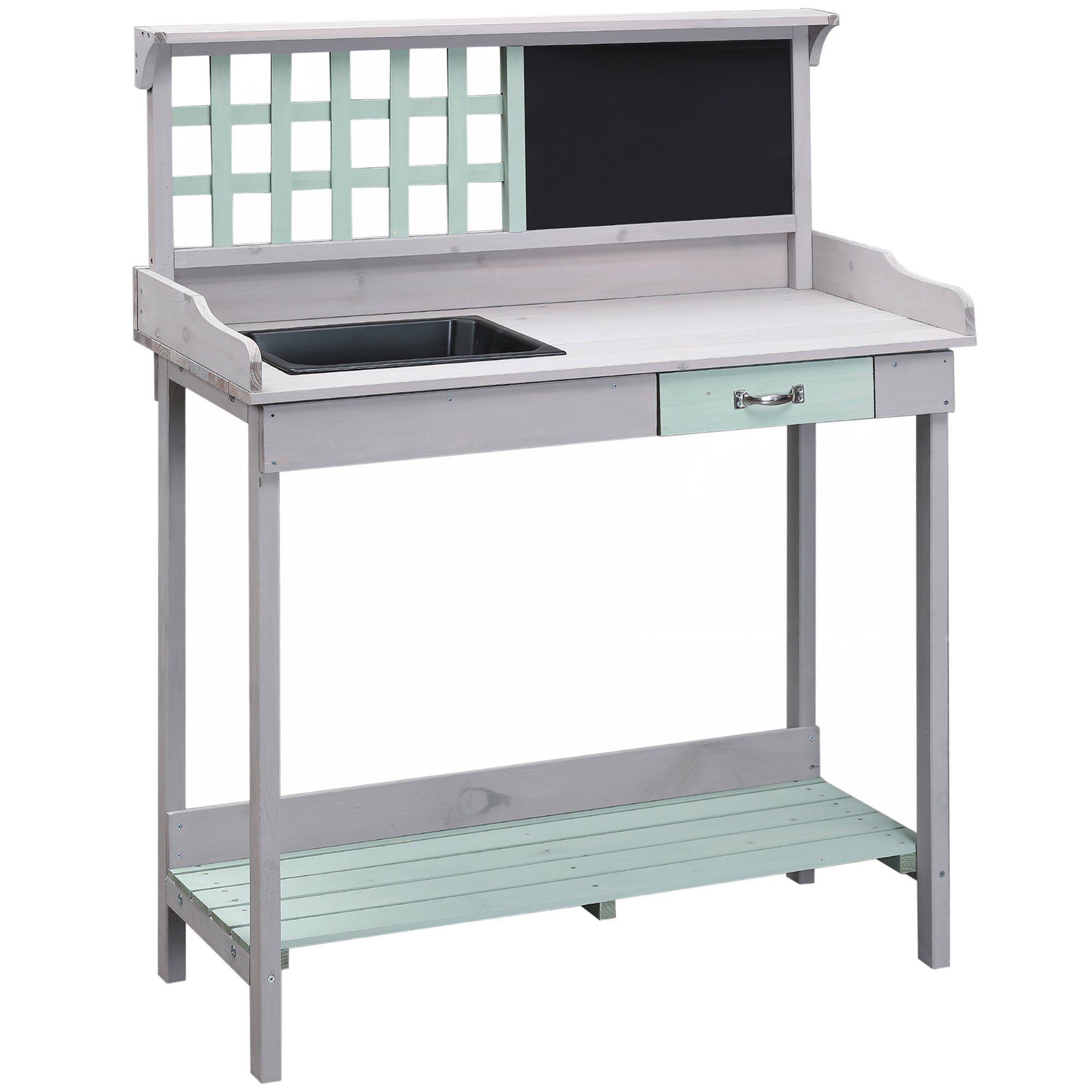 HOMCOM 36" Wooden Potting Table with Drawer, Storage Shelf, Blackboard, Sink, Outdoor Planting Workstation Bench Garage Tool Table, Grey