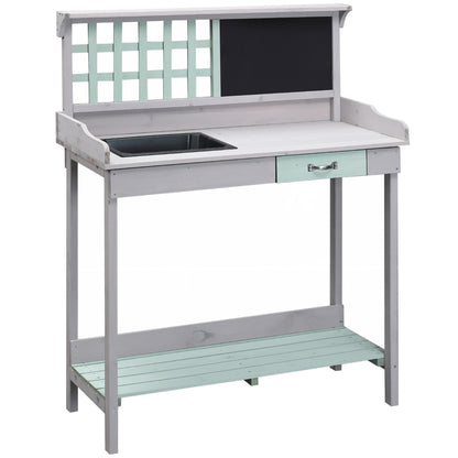 HOMCOM 36" Wooden Potting Table with Drawer, Storage Shelf, Blackboard, Sink, Outdoor Planting Workstation Bench Garage Tool Table, Grey