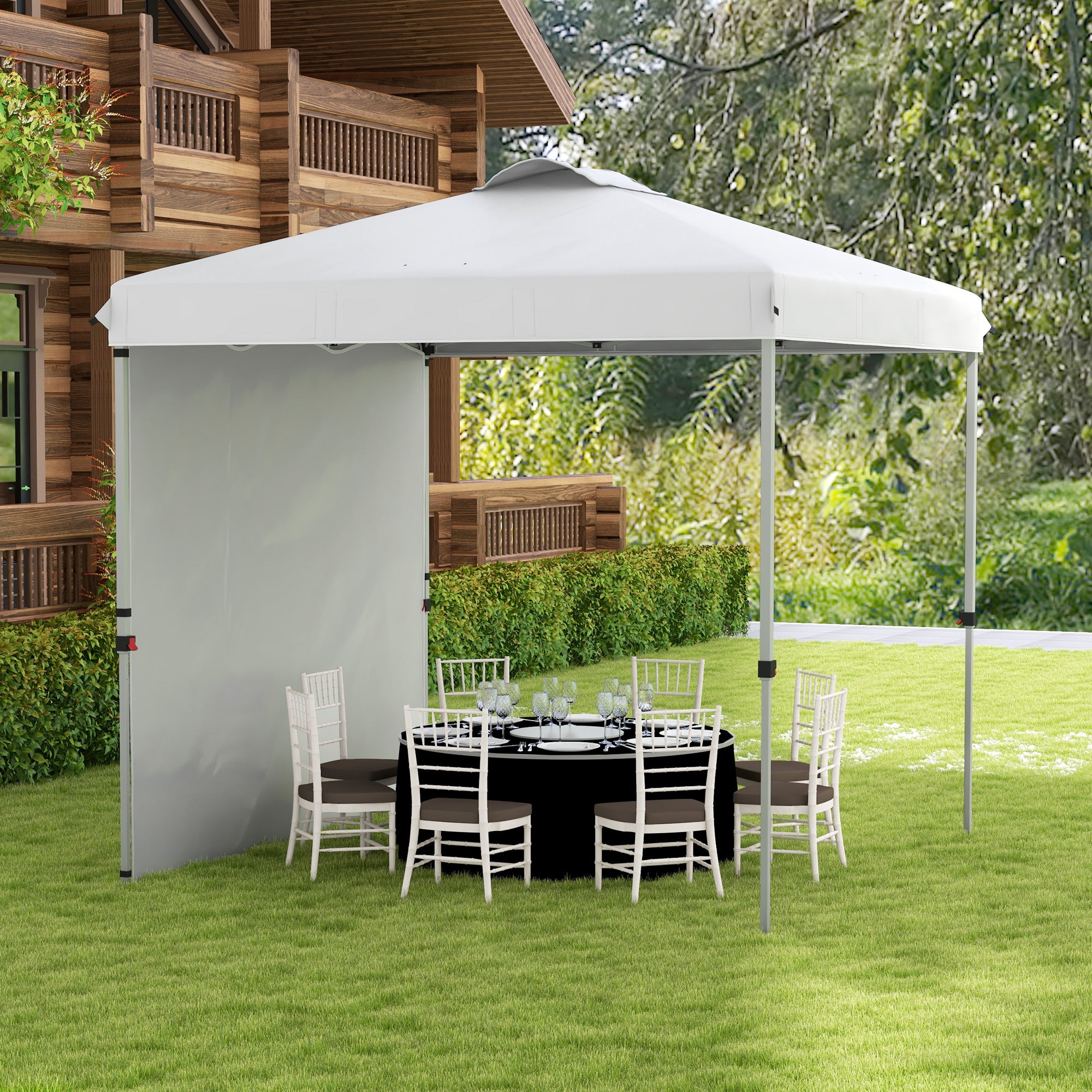 Outsunny 8 x 8FT Pop Up Canopy Tent with 1 Sidewall, Carry Bag, 4 Sand Bags, Height Adjustable Instant Shelter for Outdoor, Garden, Patio, White