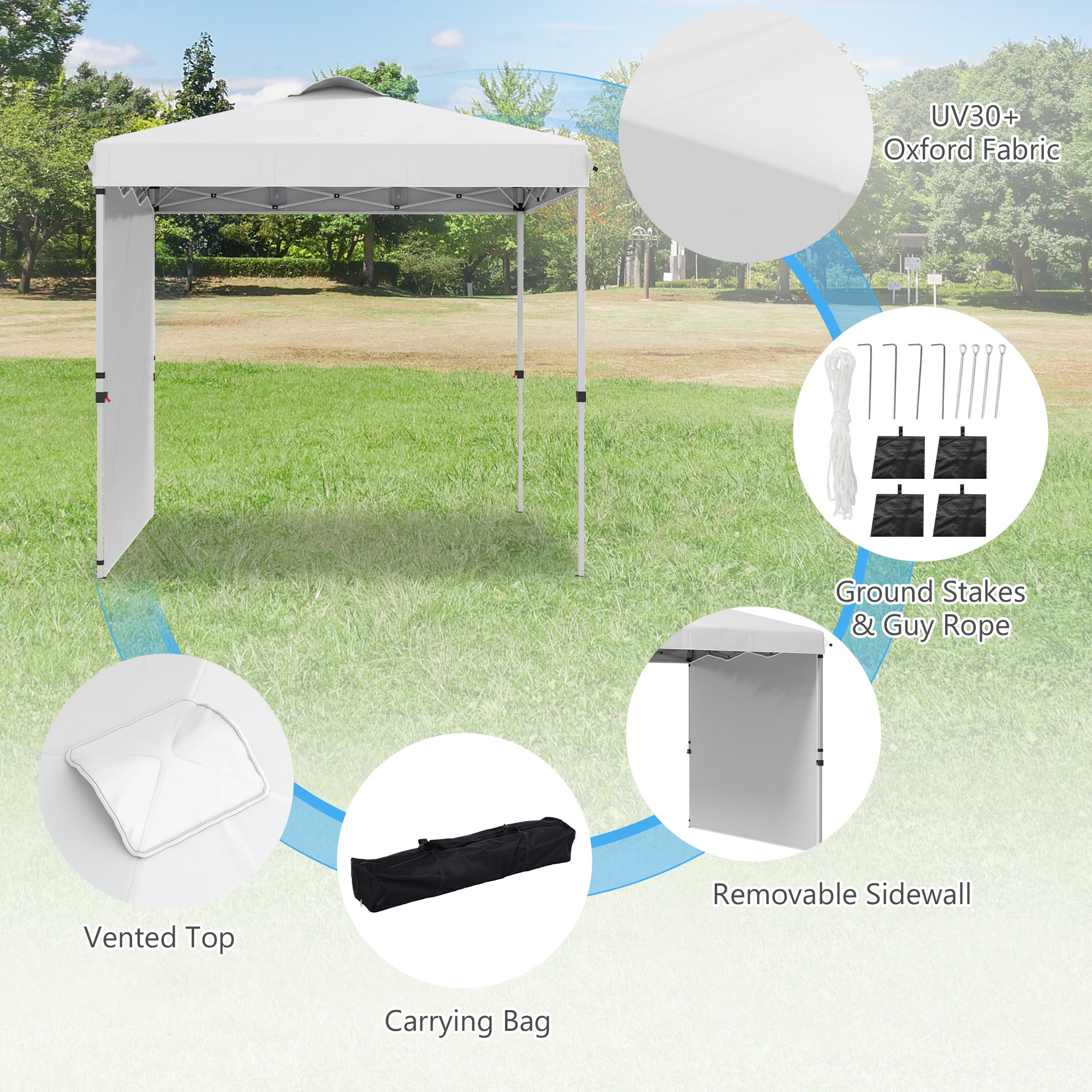 Outsunny 8 x 8FT Pop Up Canopy Tent with 1 Sidewall, Carry Bag, 4 Sand Bags, Height Adjustable Instant Shelter for Outdoor, Garden, Patio, White