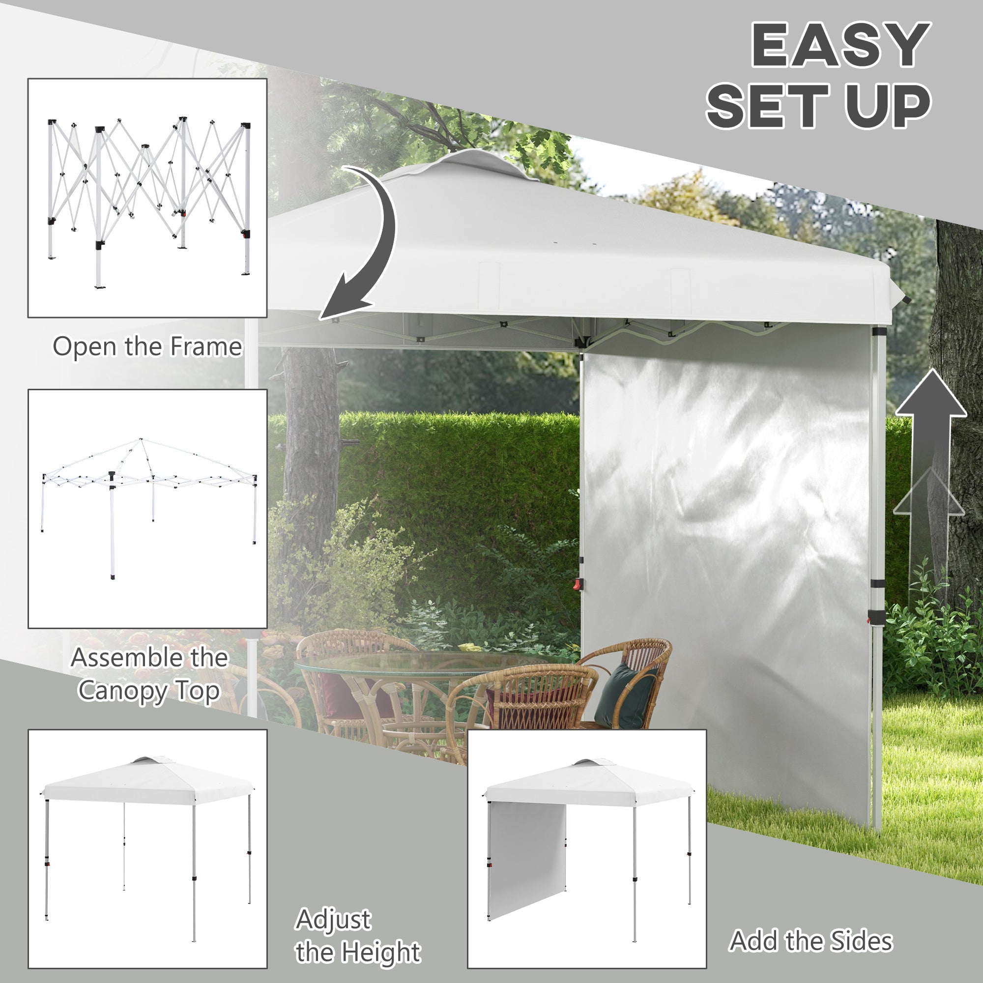 Outsunny 8 x 8FT Pop Up Canopy Tent with 1 Sidewall, Carry Bag, 4 Sand Bags, Height Adjustable Instant Shelter for Outdoor, Garden, Patio, White