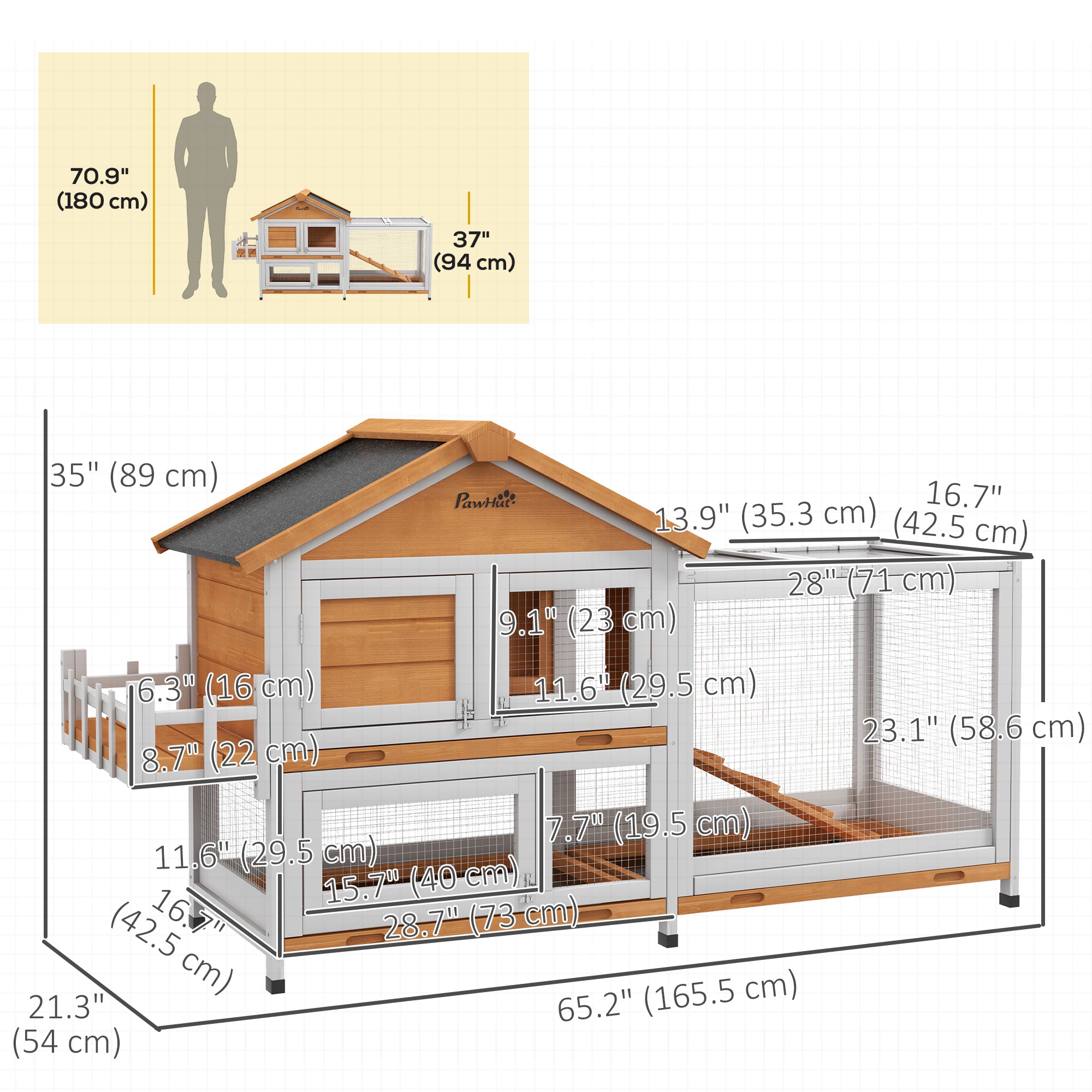 PawHut 65" Wooden Rabbit Hutch, Pet Playpen with Openable Roof, Bunny House Enclosure with Storage Box, Slide-out Tray, Ramp, for Rabbits and Small Animals, Yellow