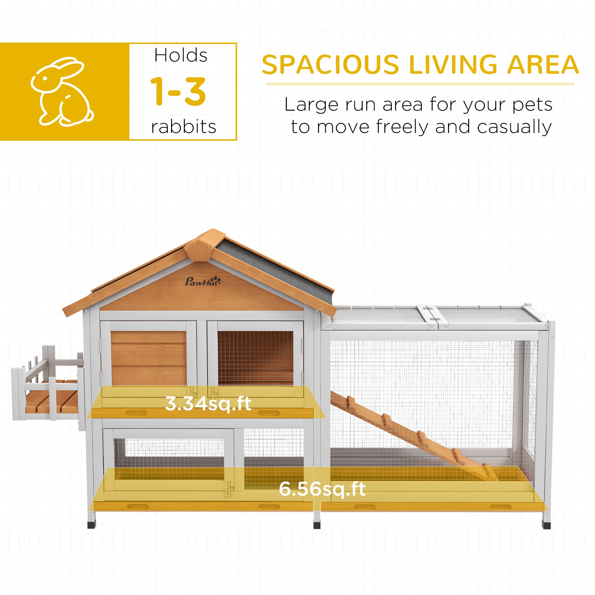 PawHut 65" Wooden Rabbit Hutch, Pet Playpen with Openable Roof, Bunny House Enclosure with Storage Box, Slide-out Tray, Ramp, for Rabbits and Small Animals, Yellow