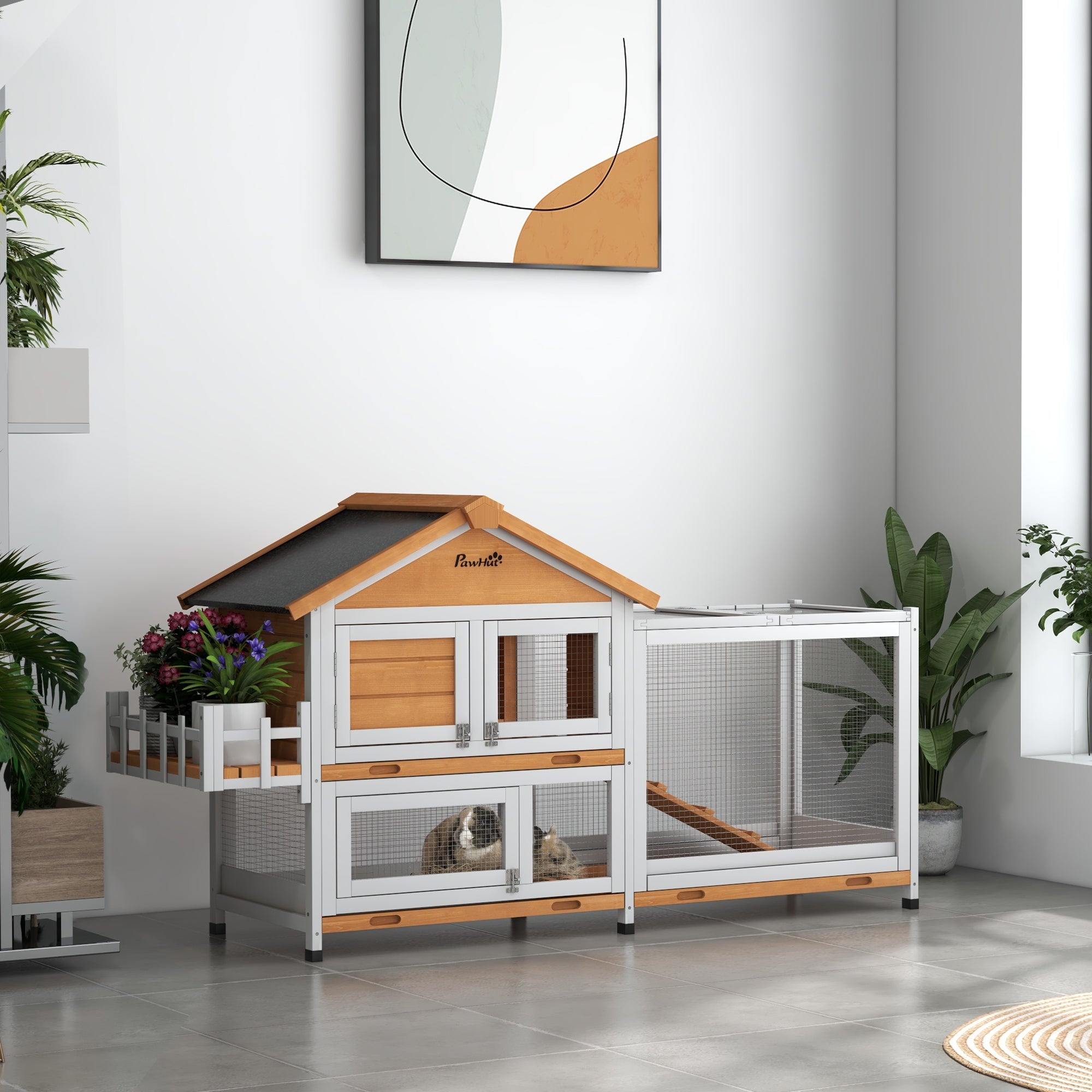 PawHut 65" Wooden Rabbit Hutch, Pet Playpen with Openable Roof, Bunny House Enclosure with Storage Box, Slide-out Tray, Ramp, for Rabbits and Small Animals, Yellow