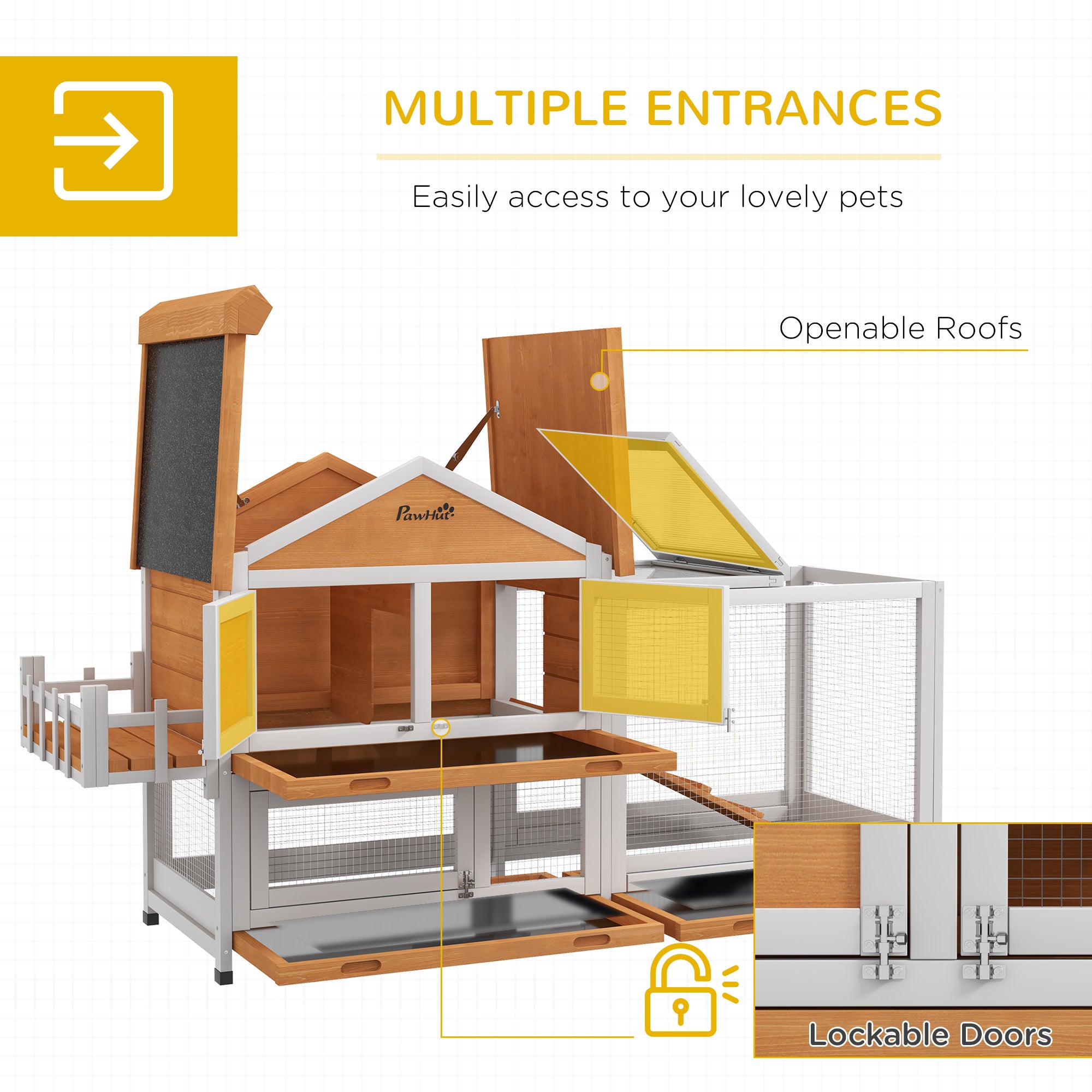 PawHut 65" Wooden Rabbit Hutch, Pet Playpen with Openable Roof, Bunny House Enclosure with Storage Box, Slide-out Tray, Ramp, for Rabbits and Small Animals, Yellow