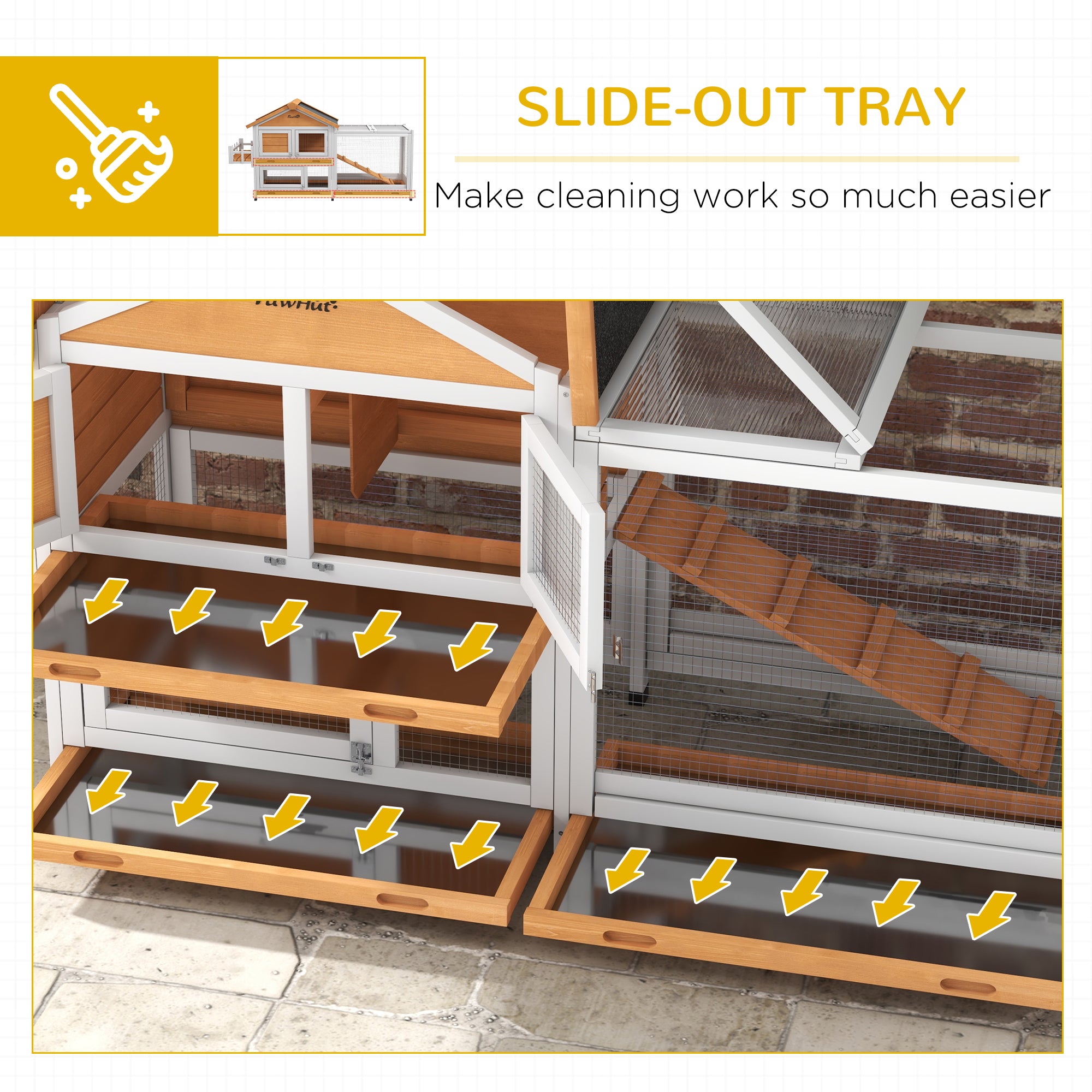 PawHut 65" Wooden Rabbit Hutch, Pet Playpen with Openable Roof, Bunny House Enclosure with Storage Box, Slide-out Tray, Ramp, for Rabbits and Small Animals, Yellow