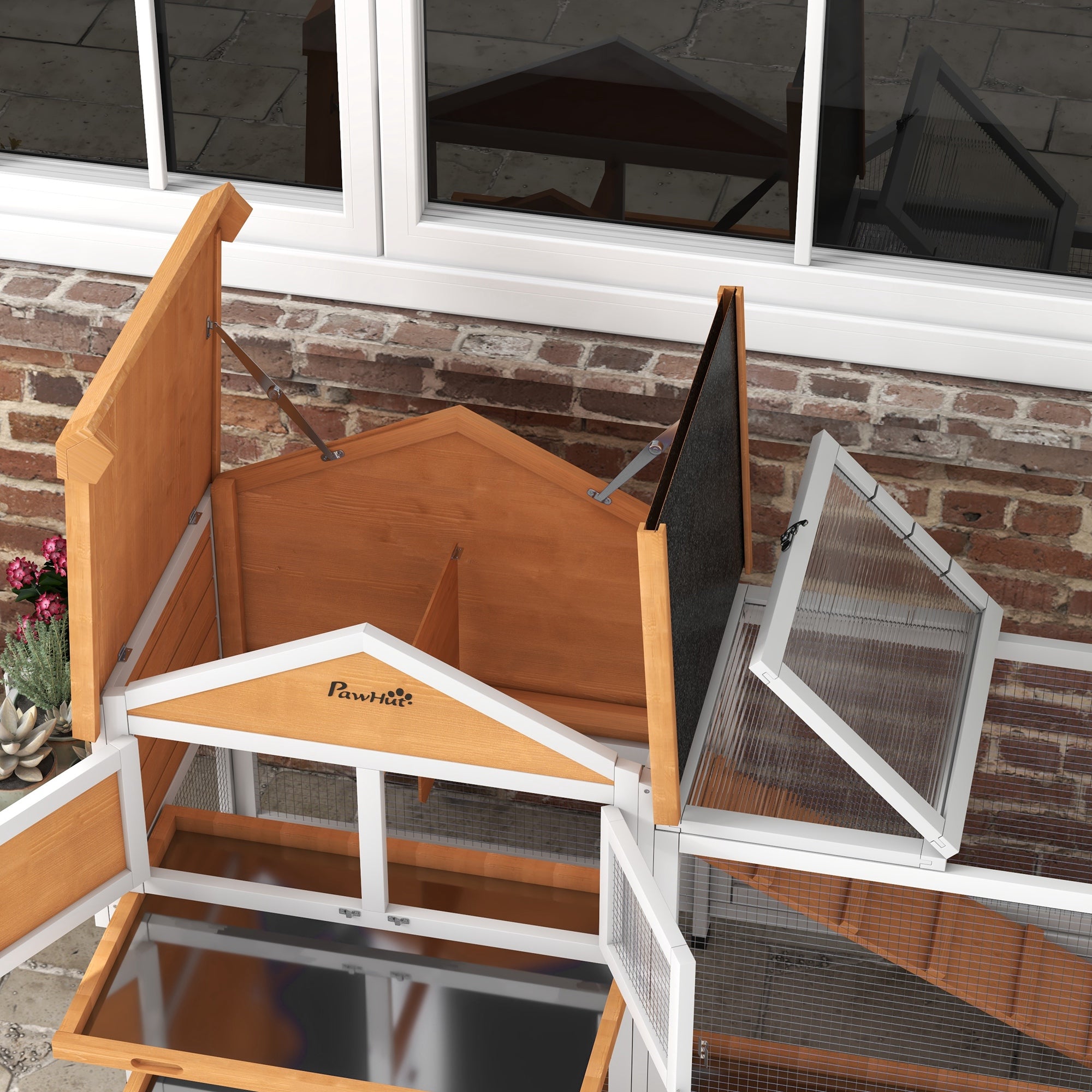 PawHut 65" Wooden Rabbit Hutch, Pet Playpen with Openable Roof, Bunny House Enclosure with Storage Box, Slide-out Tray, Ramp, for Rabbits and Small Animals, Yellow