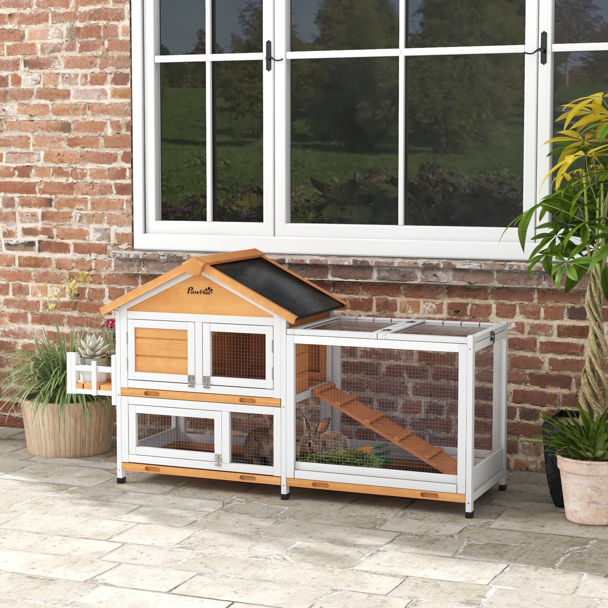 PawHut 65" Wooden Rabbit Hutch, Pet Playpen with Openable Roof, Bunny House Enclosure with Storage Box, Slide-out Tray, Ramp, for Rabbits and Small Animals, Yellow