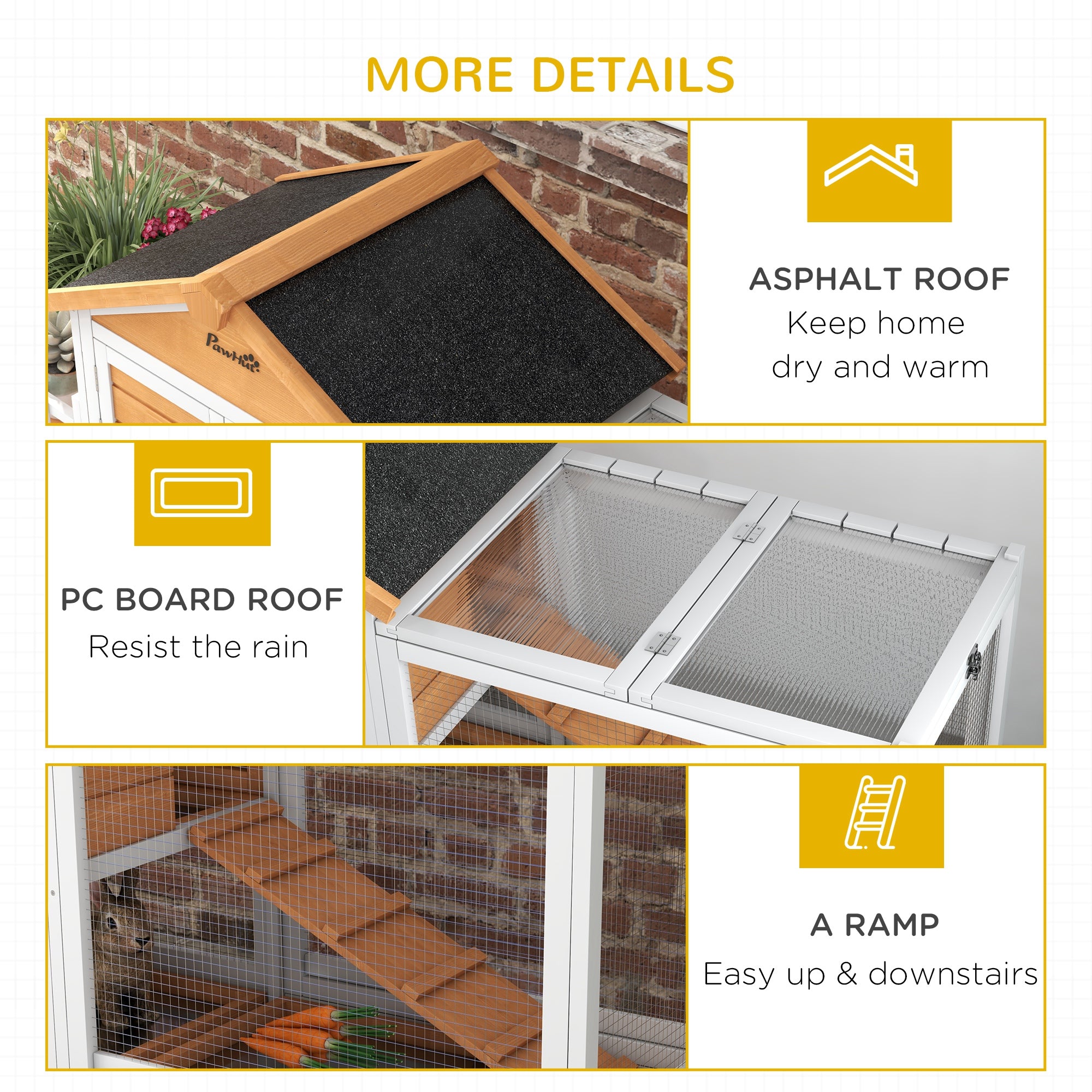 PawHut 65" Wooden Rabbit Hutch, Pet Playpen with Openable Roof, Bunny House Enclosure with Storage Box, Slide-out Tray, Ramp, for Rabbits and Small Animals, Yellow