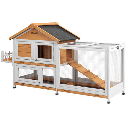 PawHut 65" Wooden Rabbit Hutch, Pet Playpen with Openable Roof, Bunny House Enclosure with Storage Box, Slide-out Tray, Ramp, for Rabbits and Small Animals, Yellow