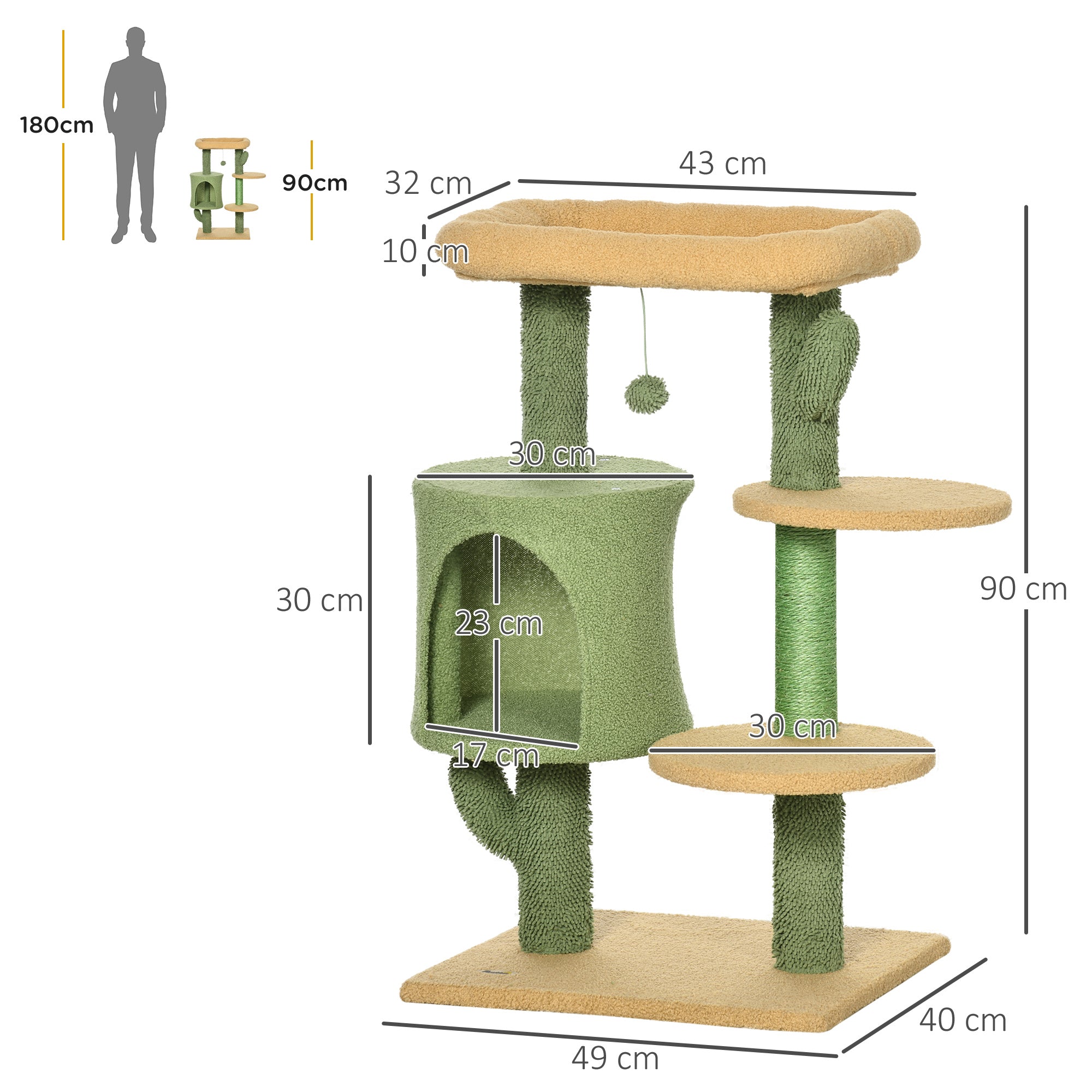 PawHut Cactus Cat Tree 90cm Cat Climbing Tower Kitten Activity Centre w/ Cat House, Bed, Scratching Posts and Hanging Toy Ball - Green