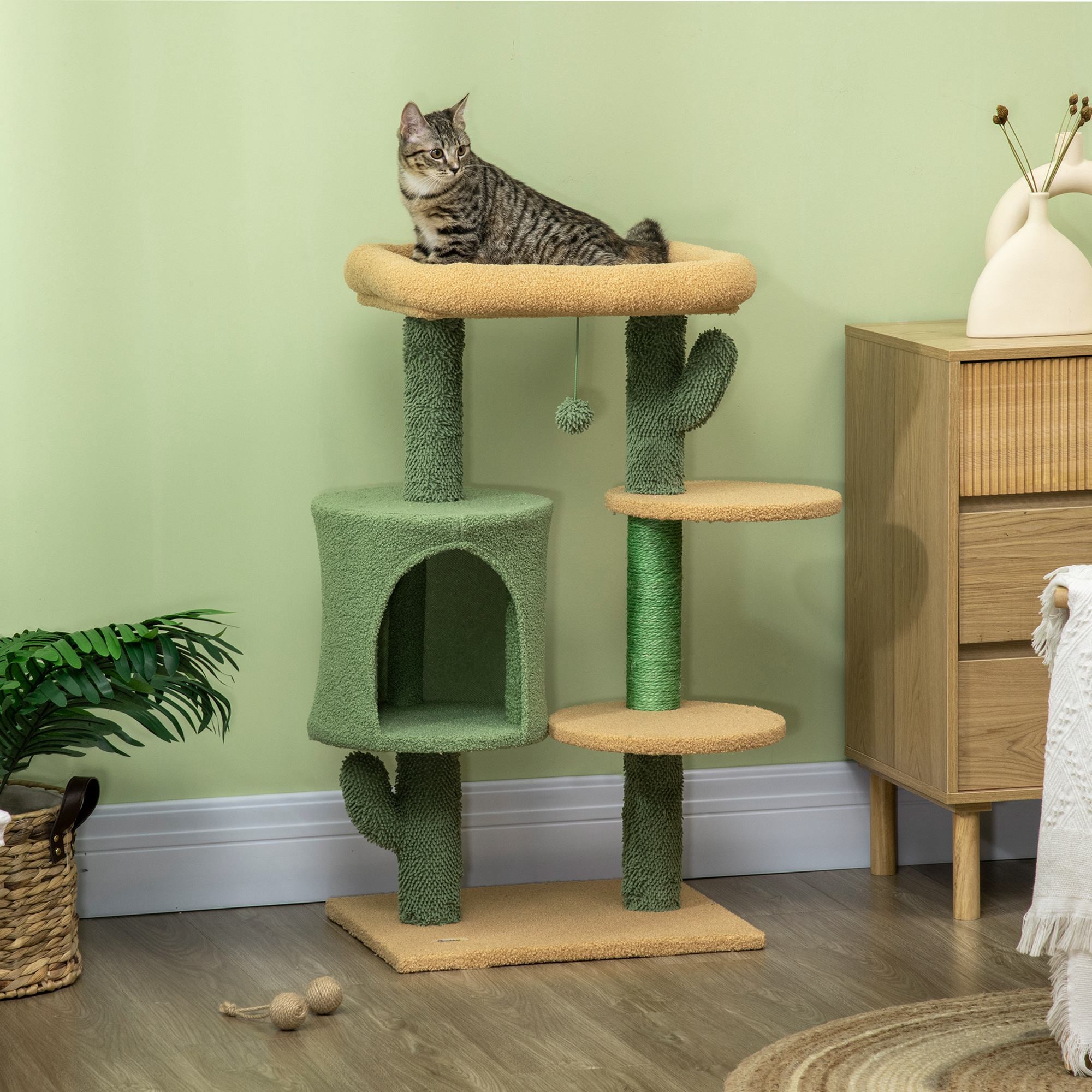 PawHut Cactus Cat Tree 90cm Cat Climbing Tower Kitten Activity Centre w/ Cat House, Bed, Scratching Posts and Hanging Toy Ball - Green