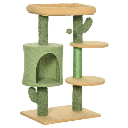 PawHut Cactus Cat Tree 90cm Cat Climbing Tower Kitten Activity Centre w/ Cat House, Bed, Scratching Posts and Hanging Toy Ball - Green
