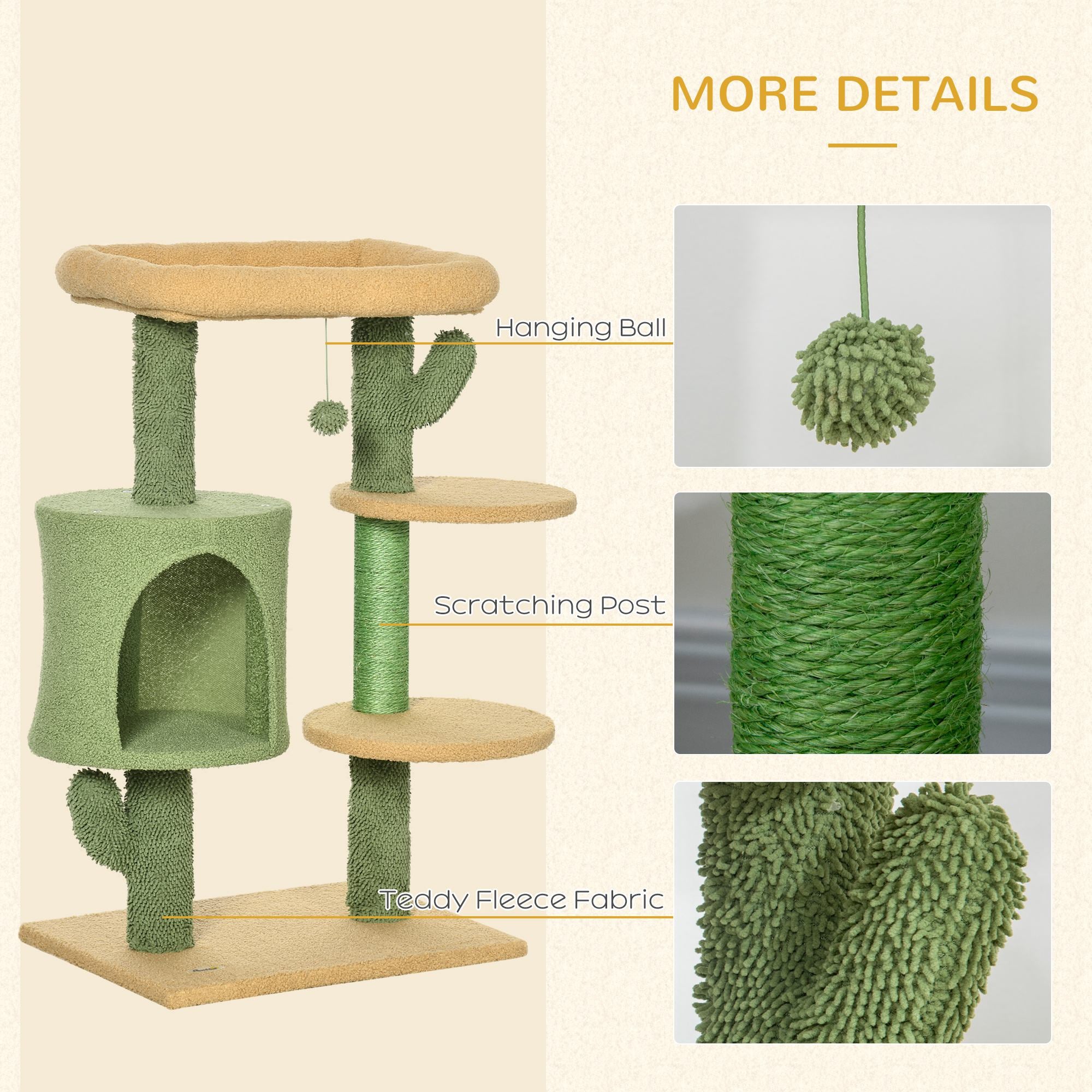 PawHut Cactus Cat Tree 90cm Cat Climbing Tower Kitten Activity Centre w/ Cat House, Bed, Scratching Posts and Hanging Toy Ball - Green