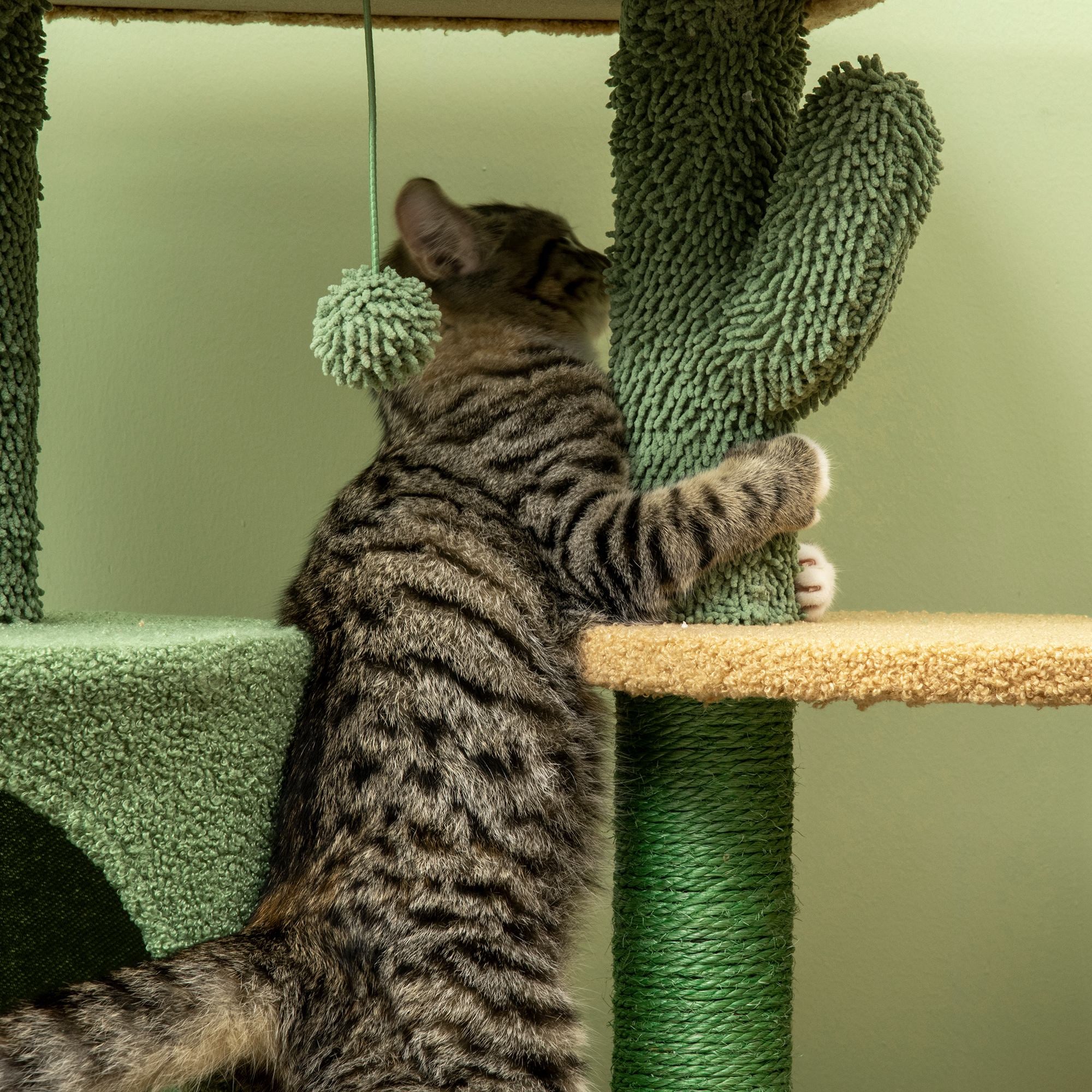 PawHut Cactus Cat Tree 90cm Cat Climbing Tower Kitten Activity Centre w/ Cat House, Bed, Scratching Posts and Hanging Toy Ball - Green