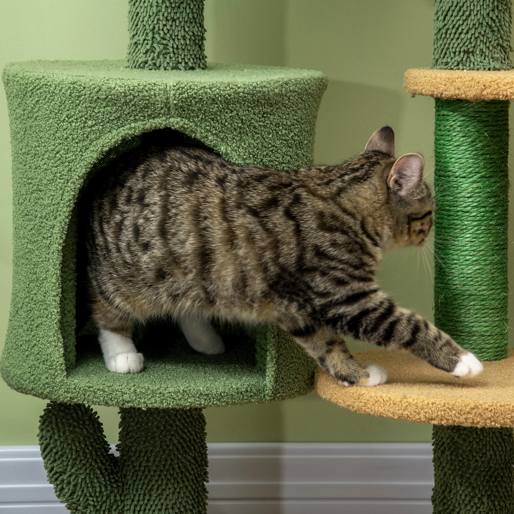 PawHut Cactus Cat Tree 90cm Cat Climbing Tower Kitten Activity Centre w/ Cat House, Bed, Scratching Posts and Hanging Toy Ball - Green